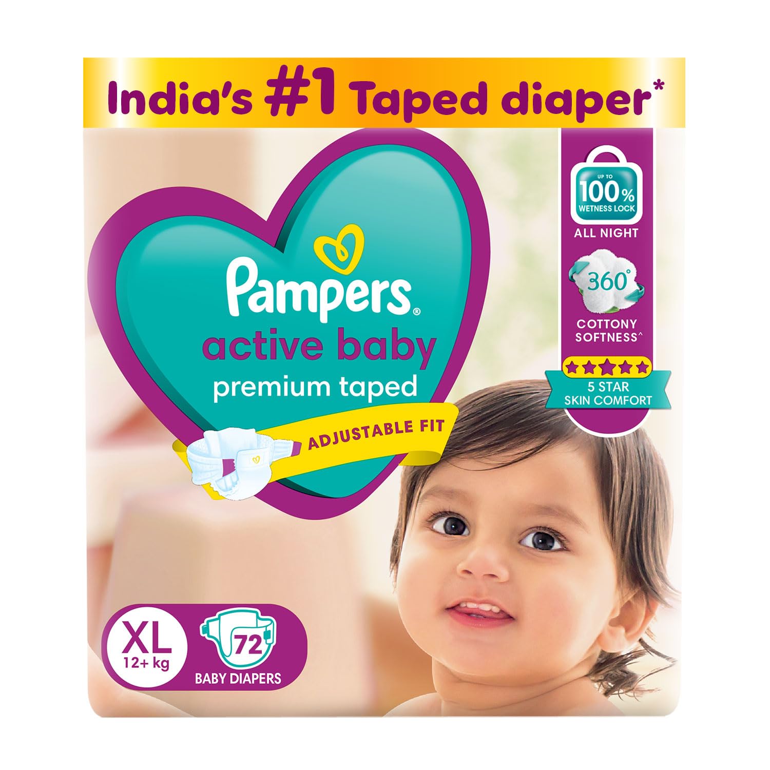 Pampers Active baby Tape Style Baby Diapers, Large (XL), 72 Count, 12+ kg, Adjustable Fit with 5 Star Skin Protection Diapers-image-30