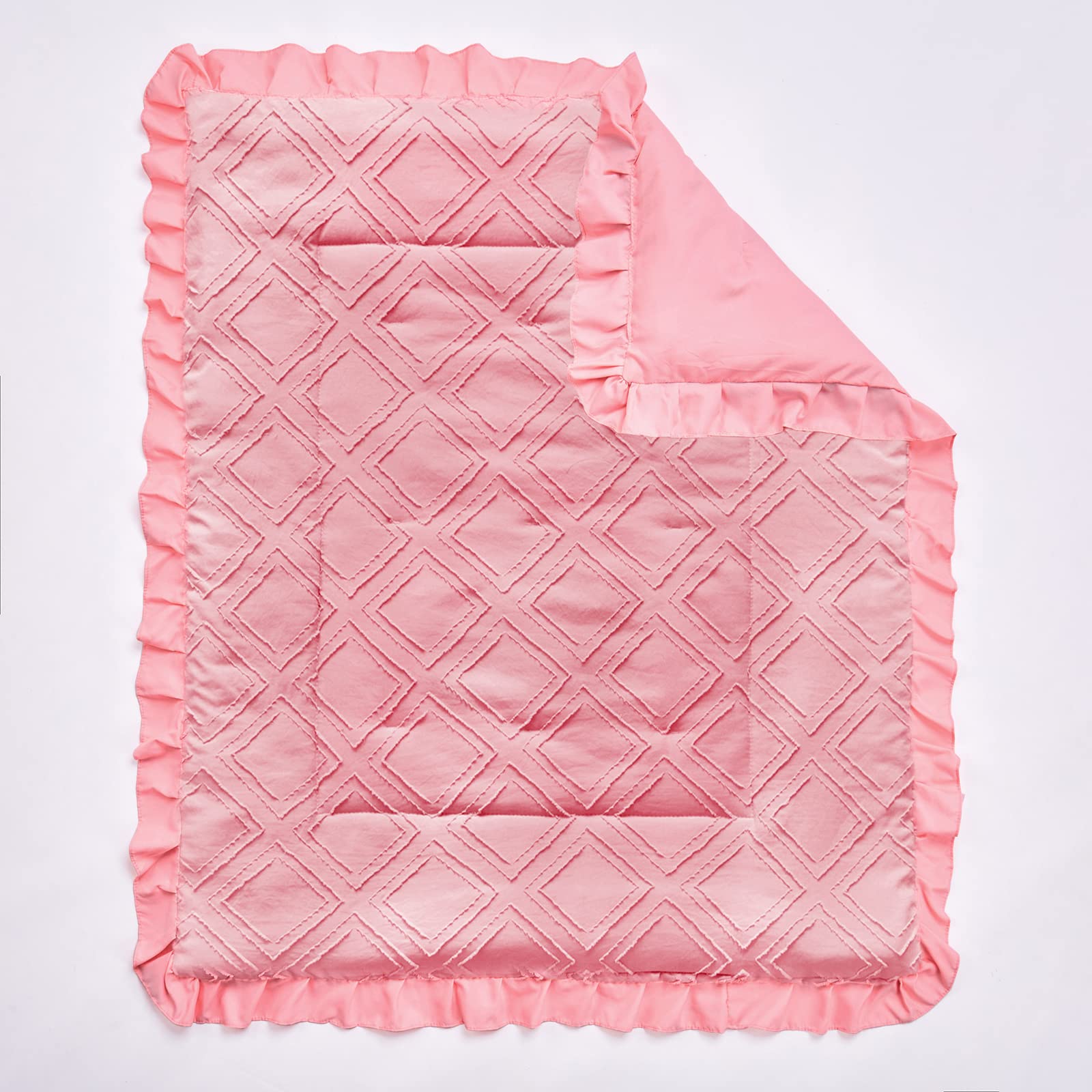 Juego de ropa de cama de cuna con volantes copetudos, 3 piezas, edredón bohemio acolchado con sábana bajera y falda de cama, lindo diseño de manta suave rosa