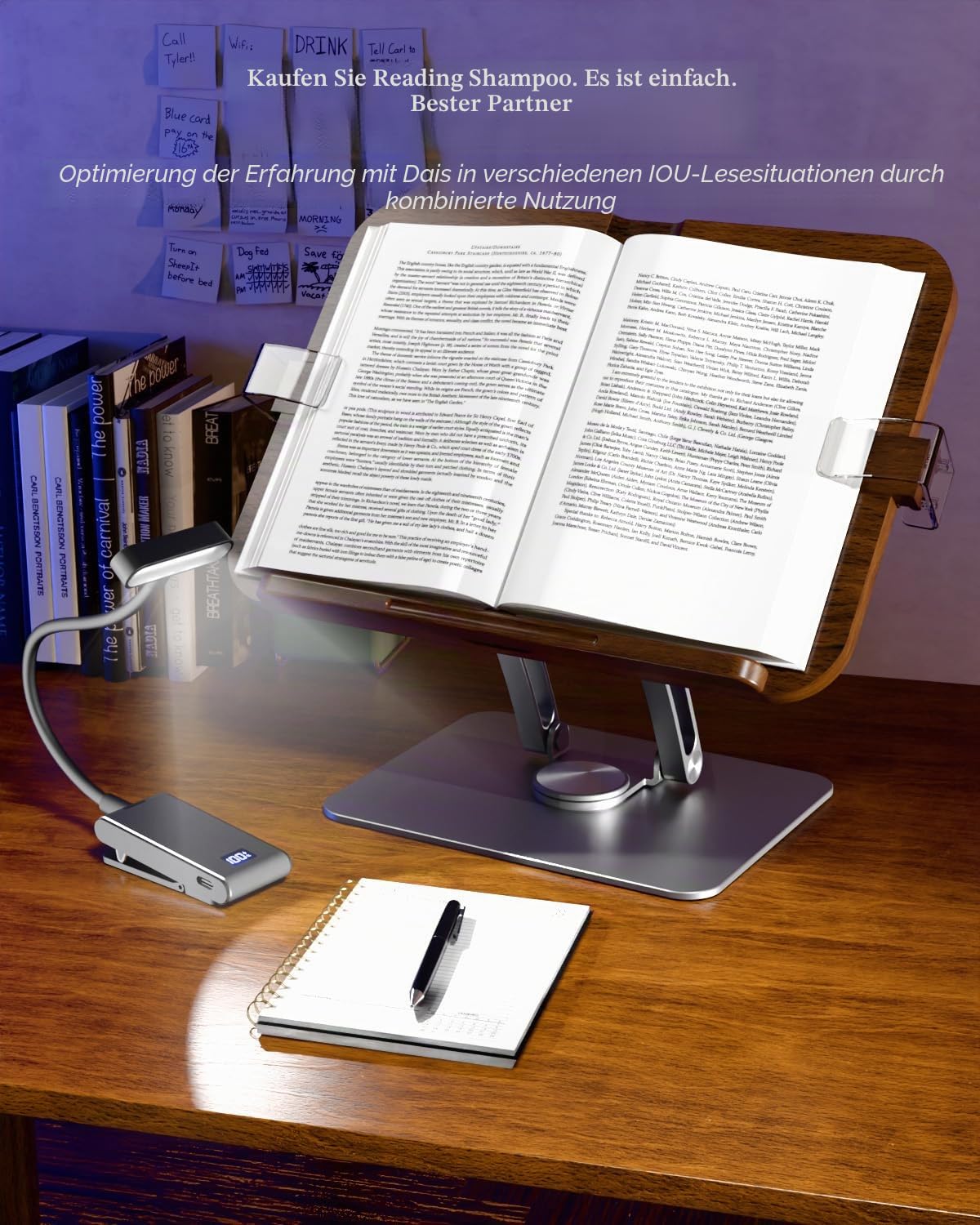 Buchständer mit Licht, aktualisierter verstellbarer Buchhalter mit 360° drehbarem Sockel, faltbarer Kochbuchständer, Rezeptbuch für Noten, Laptop, Rezept, Lehrbuch, Buchhalter