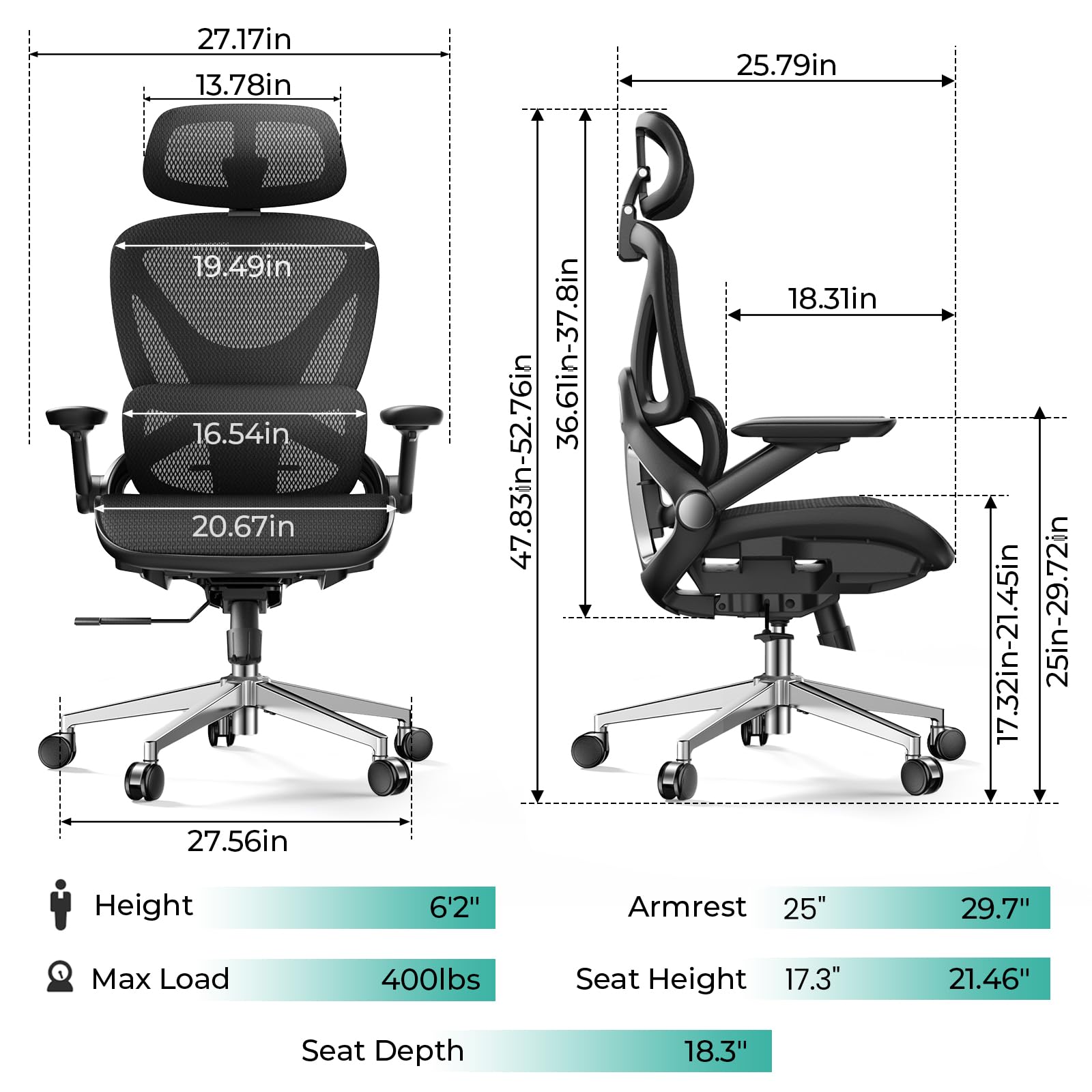 CAPOT Ergonomic Mesh Office Chair, Adjustable Lumbar High Back Desk Chair 400lbs, 4D Flip-up Arms, 3-Level Tilt Backrest, 3D Headrest, PU Wheels, Swivel Rolling Computer Seating for Long Desk Work