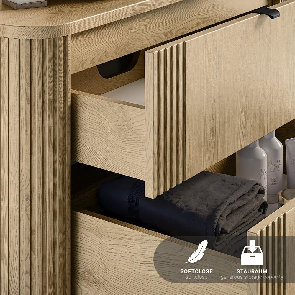 Lomadox Badezimmer-Waschtisch 120 cm in Eiche, gerillt, mit Keramik Waschbecken, 2 Schubladen, Softclose, Metallgriffe, abgerundete Kanten