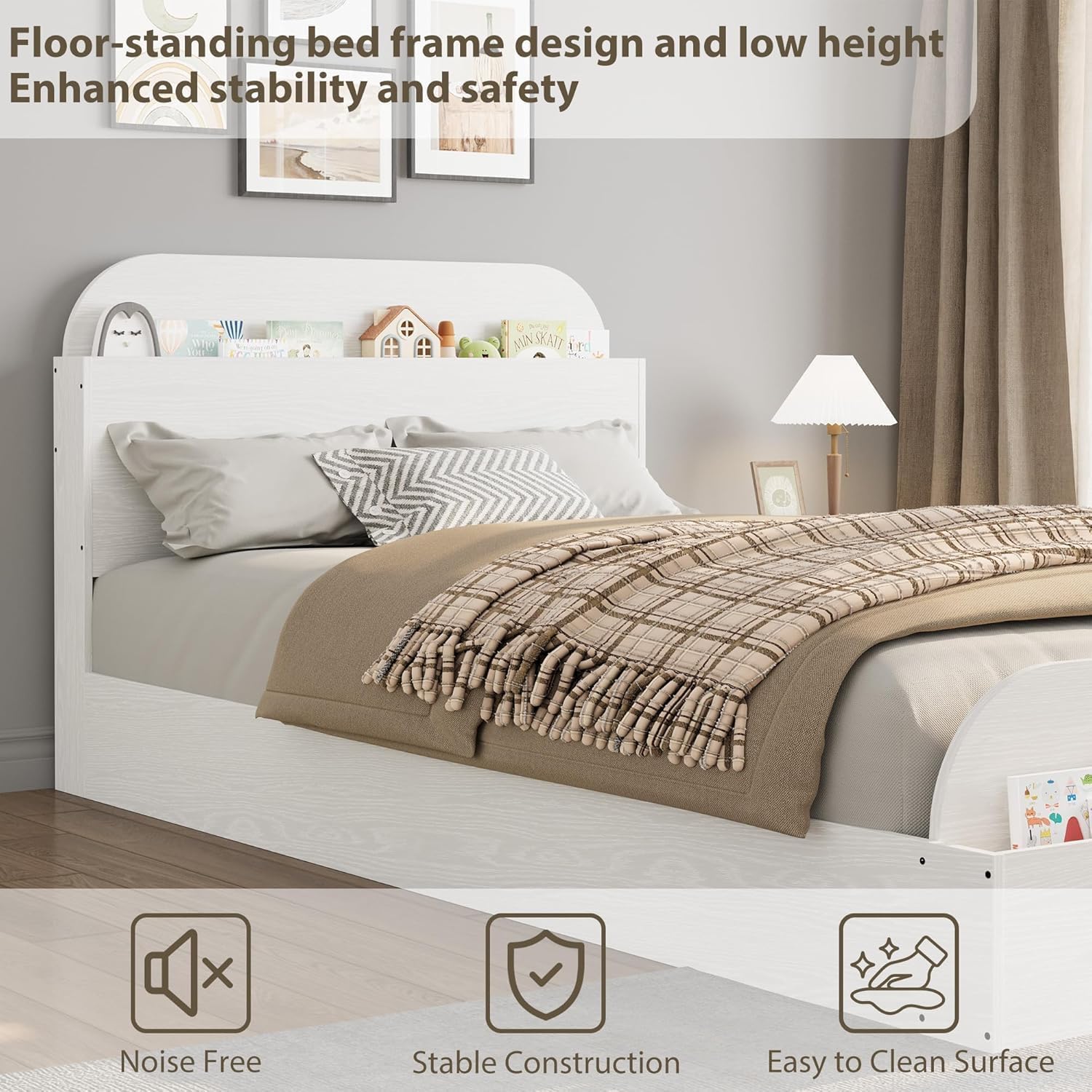 Garvee Twin XL Size Bed Frame with Storage Headboard and Raised Footboard – Wooden Twin-Floor Low Platform Bed for Kids, Heavy Duty & Noise Free, No Box Spring Needed, White
