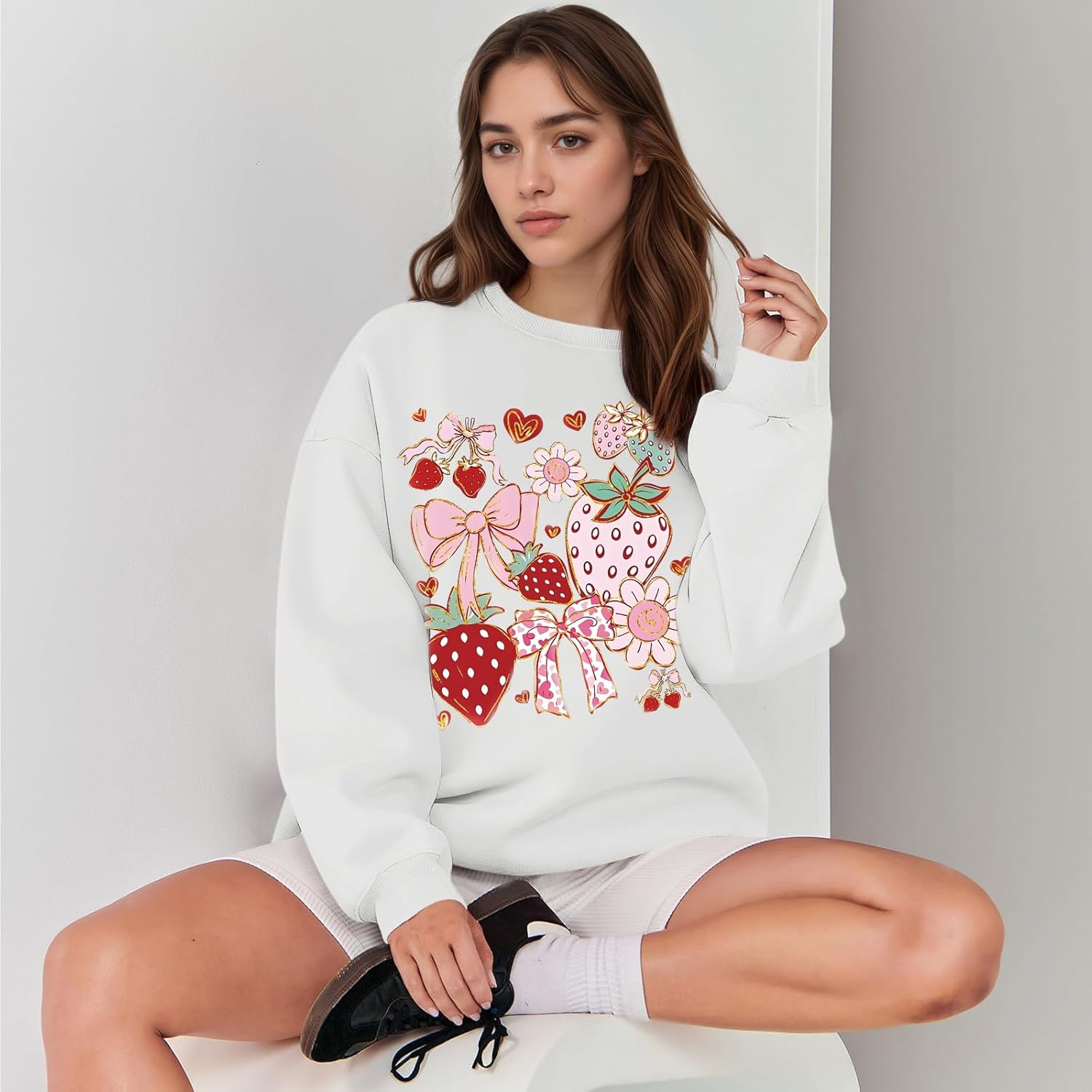 KEEVICI Cute Bow Strawberry Floral Sweatshirt Women Flower Kawaii Aesthetic Hoodie Graphic Sweatshirts Cotton Pullover - Image 2