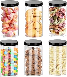 32 oz Clear Plastic Jar with Black Lids, 6 Pack Mason Empty Jars, Clear Slime Round Food Grade Containers Pantry for Organizing Kitchen & Household Food Storage of Dry Goods, Honey, Nuts (1000 ml)