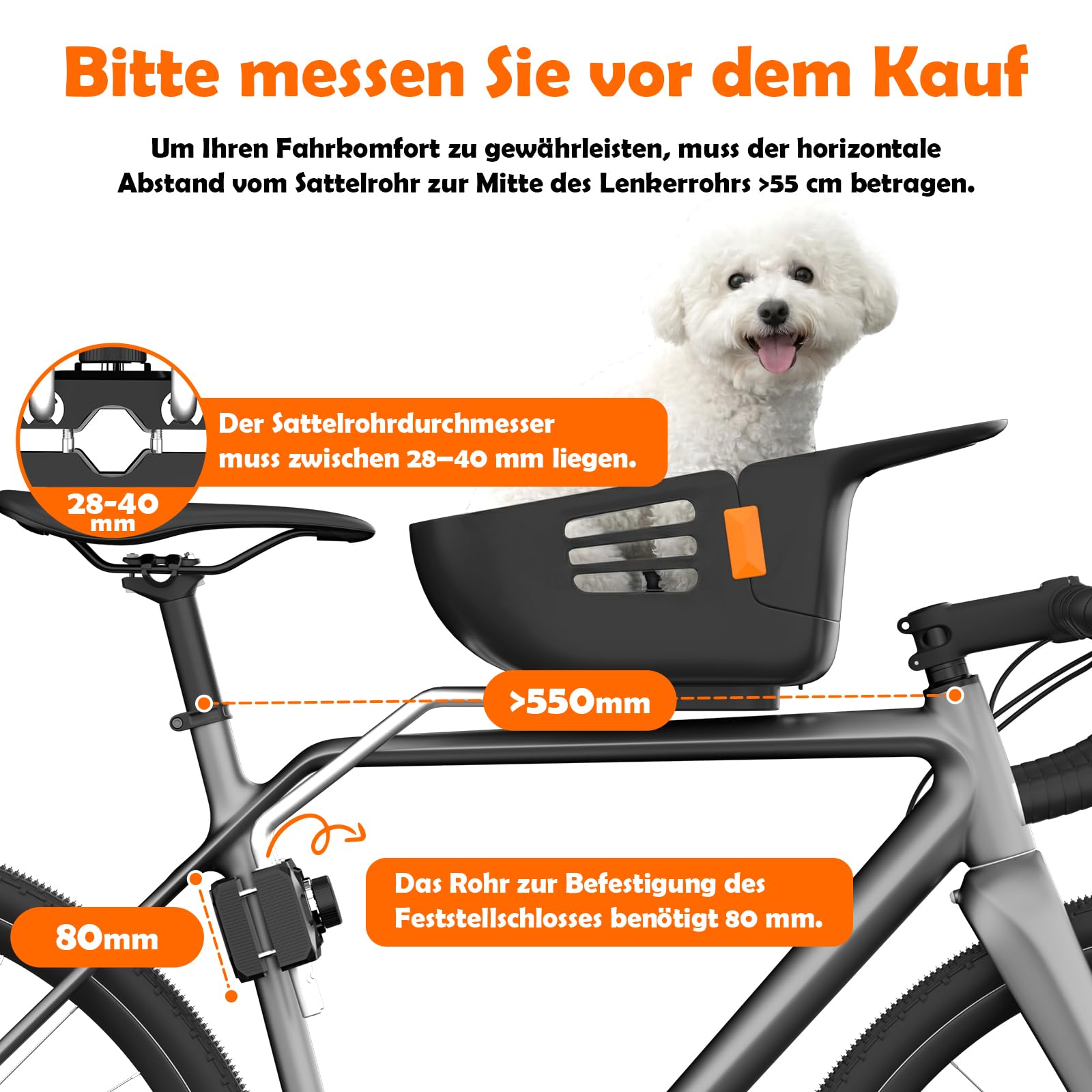 Hundekorb Fahrrad Vorne bis 12KG, Hundefahrradkorb mit Robuste sichere Bodenplatte, wasserdichtem kratzfestem Nylon-Sitzkissen und beschichtetem Metallverschluss für kleine&mittelgroße Hunde