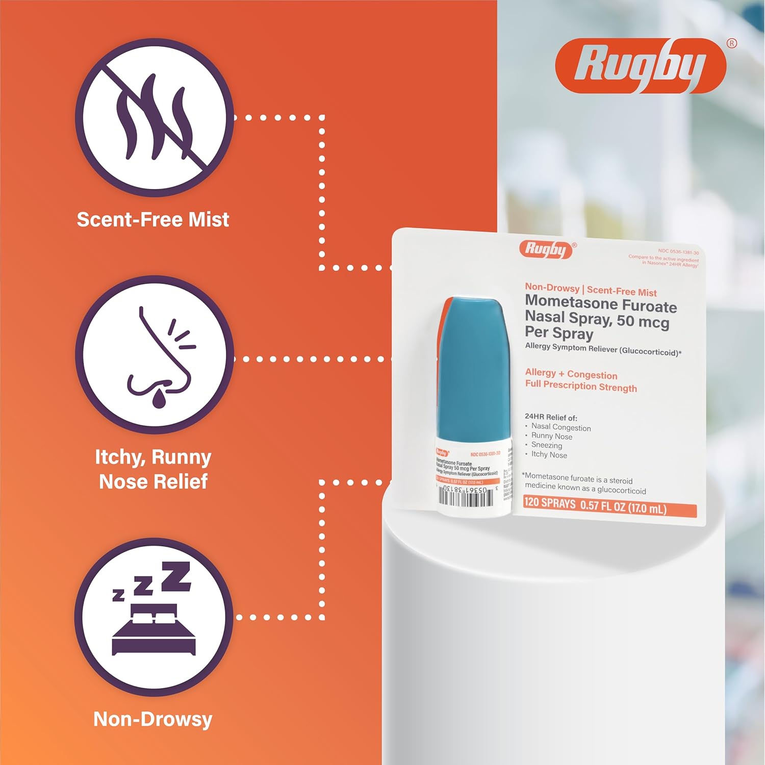 Rugby Mometasone Furoate Nasal Spray, 50 mcg Per Spray - 24-Hour Allergy Symptom and Congestion Reliever - Non-Drowsy Glucocorticoid Nose Spray - Scent-Free Mist - 120 Sprays - 0.57 Fl. Oz. image 4 of 6 B0DHSTC136