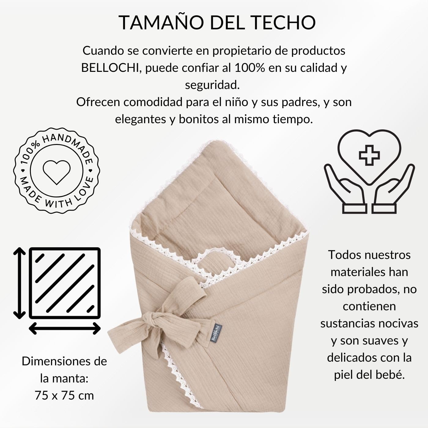 Bellochi 2in1 Saco de Dormir para Bebé - Arrullo para Bebes 75 x 75 cm - Saco para Envolver 100% Muselina - Saco Capazo - Cuddly Muslin Beige