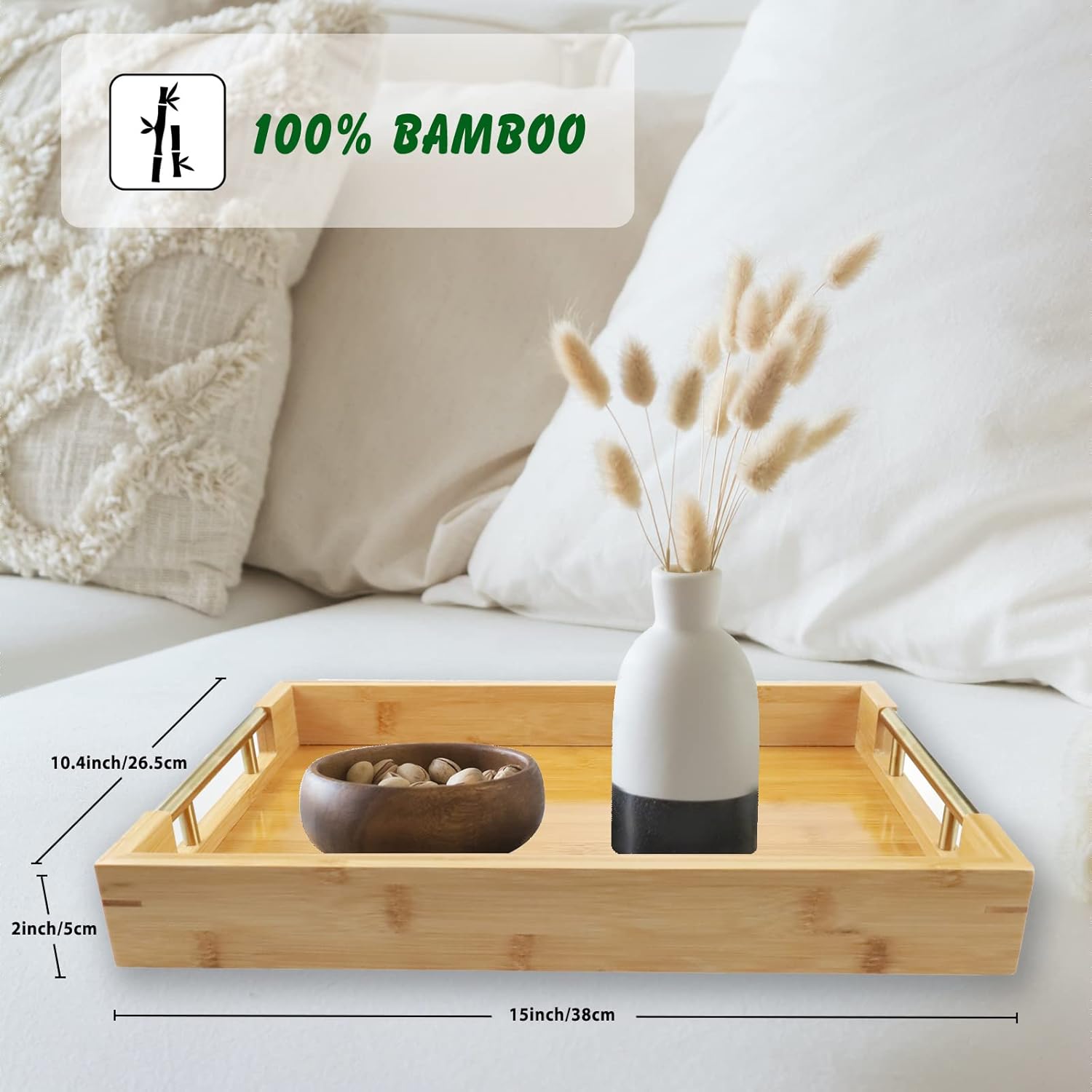 Bamboo Wood Serving Tray with Gold Polished Metal Handles, Decorative Tray Platter Coffee Table Tray Rectangular Wooden Breakfast Tray for Ottoman, Kitchen, Bedroom, Lap &Couch - 15x10.4 Inch - Image 2