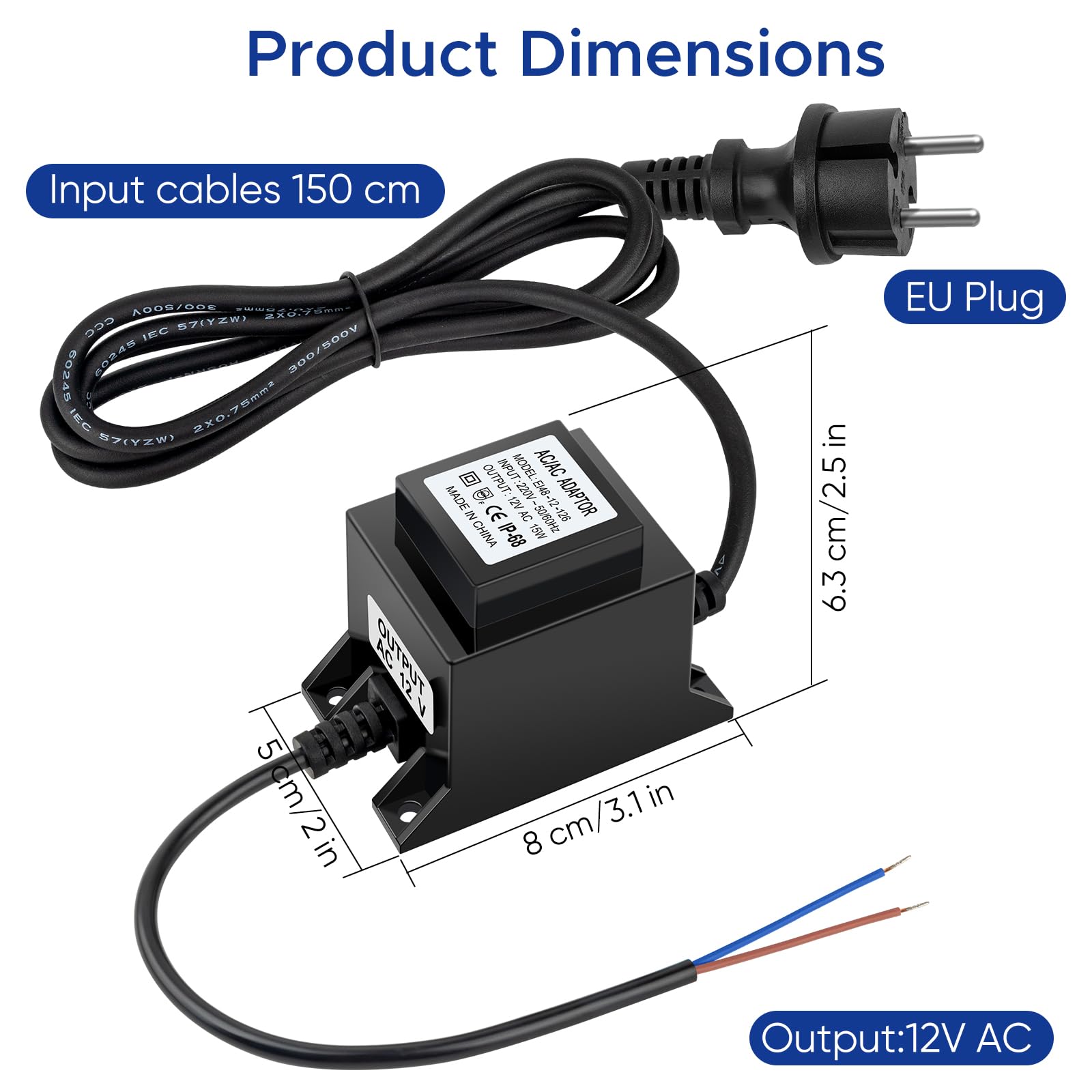 IP68 étanche Transformateur 12V Alimentation LED AC/AC 15W 1.25A Adaptateur LED Transfo pour éclairage et Pompes de Bassin