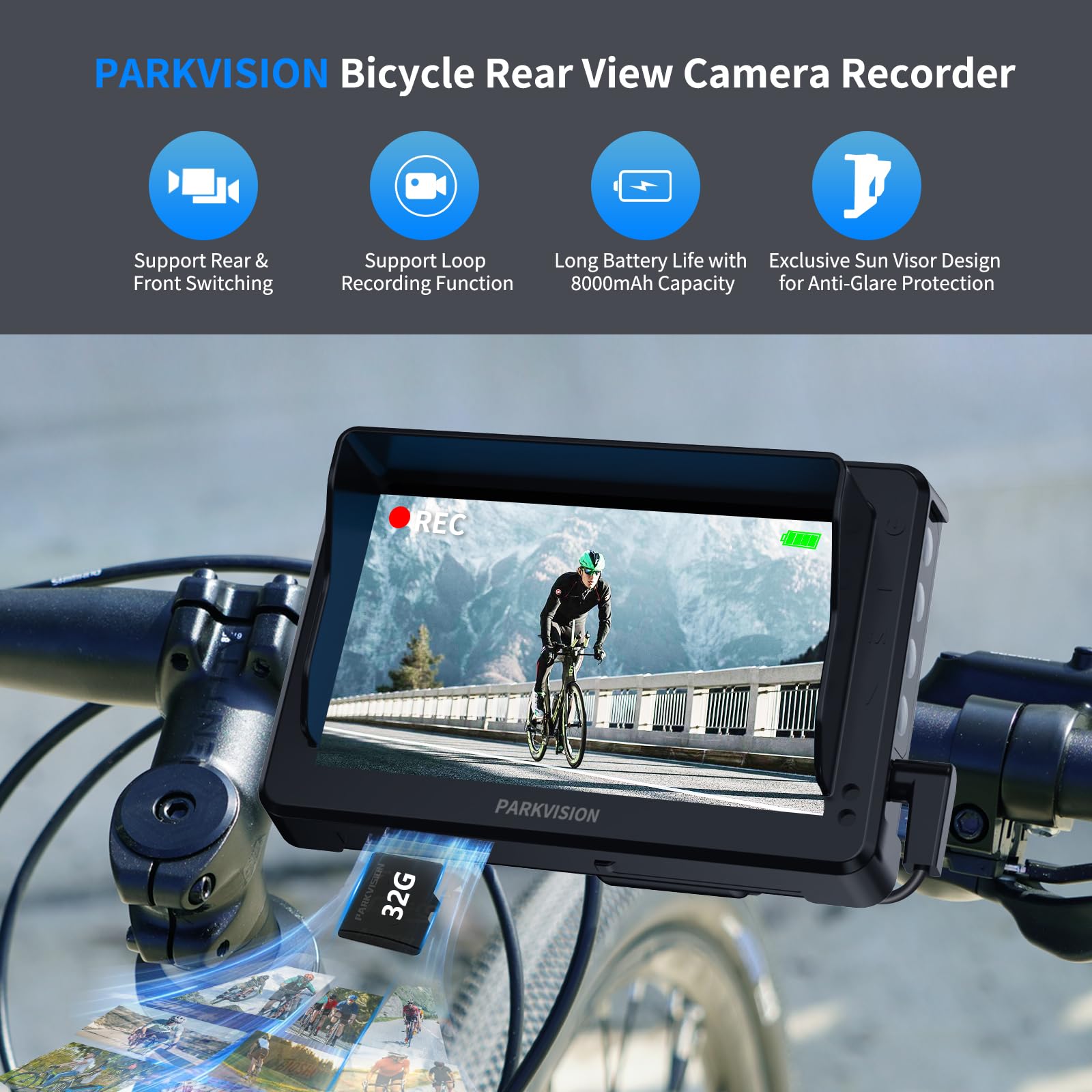 PARKVISION Rétroviseur Vélo Caméra 4,3" 1080P Loop, VAE VTT 16-42mm