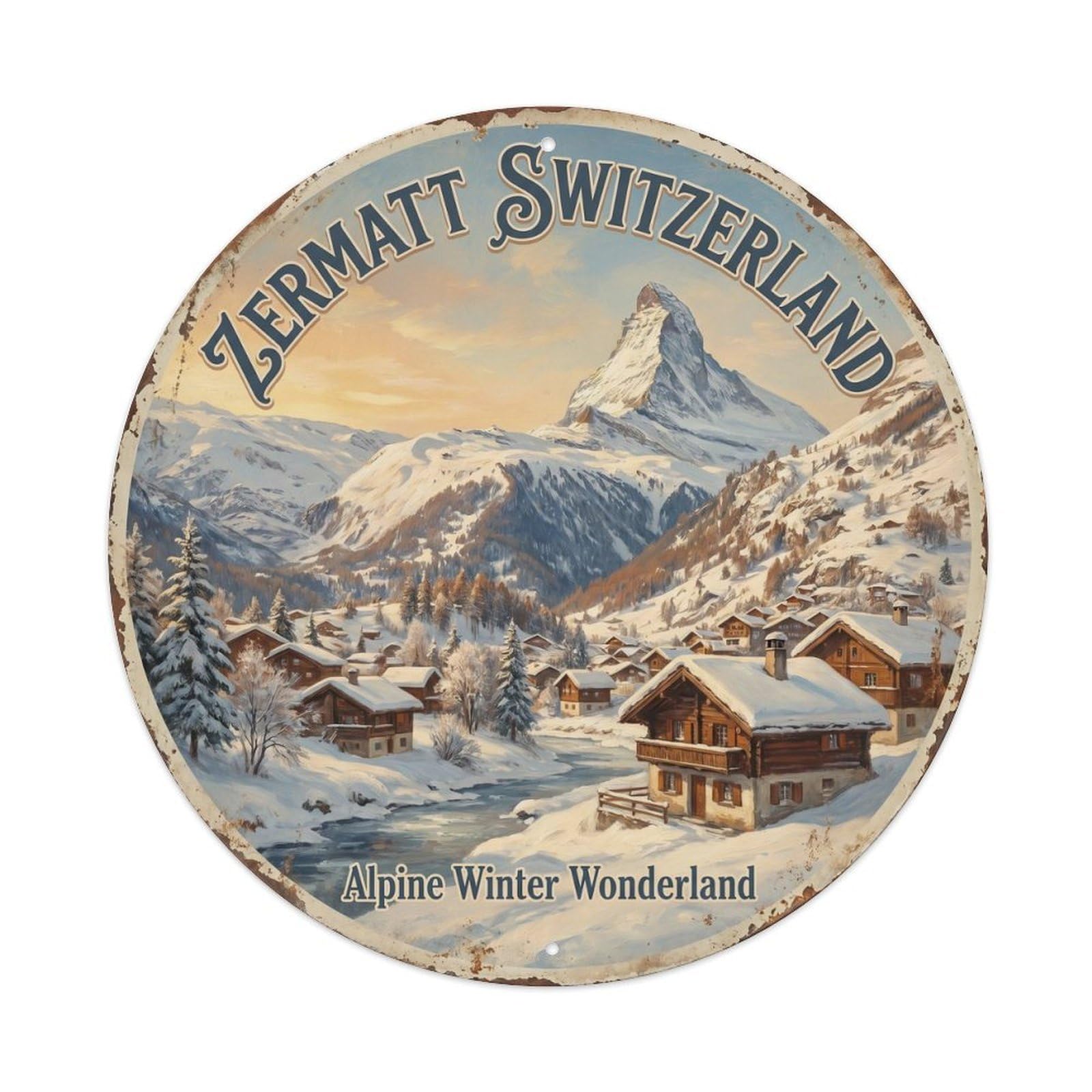 Vintage Travel Zermatt Switzerland Alpine Metal Tin Sign Plaque Wall Decor for Cafe, Club, Garden Round Metal Poster 8x8Inch