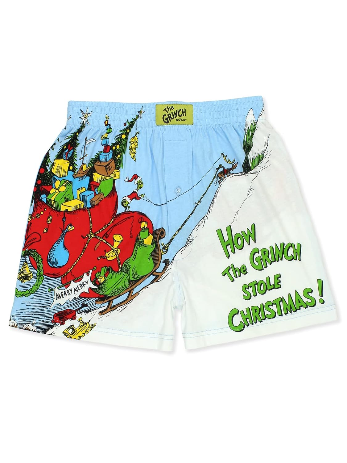 Dr Seuss The Grinch Holiday Mens Button Fly Boxer Lounge Shorts