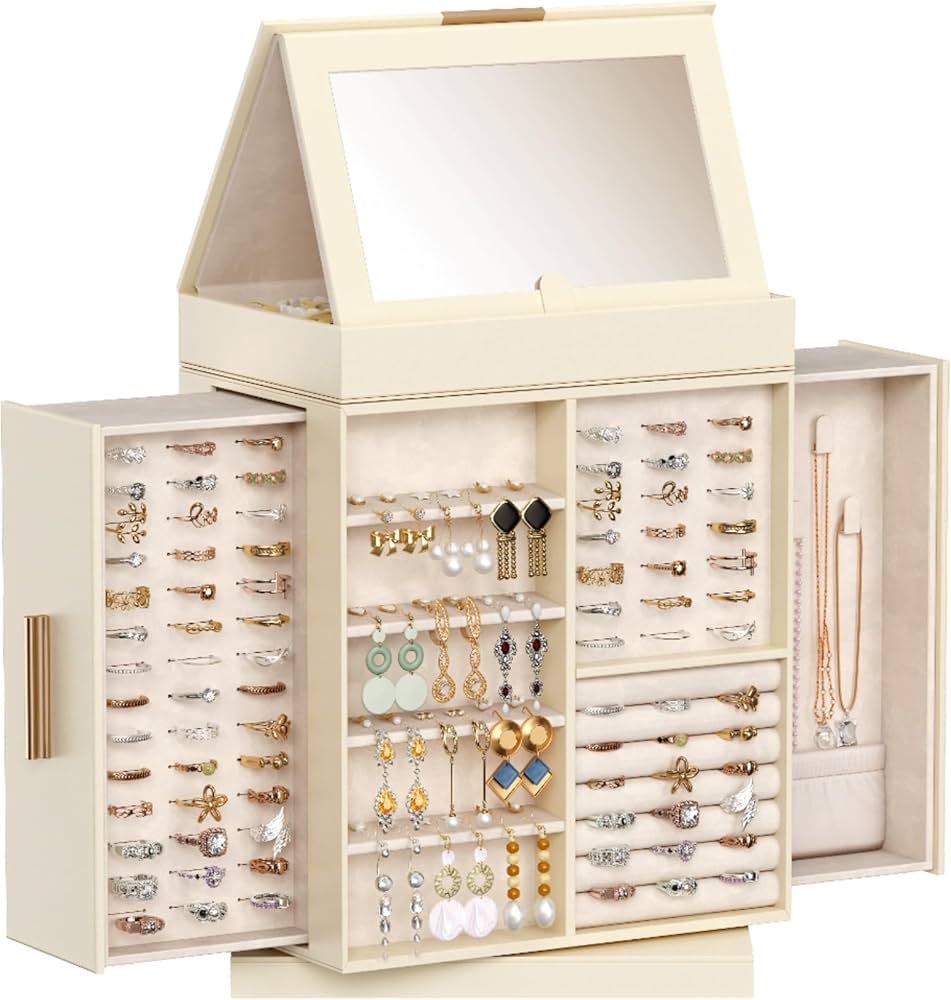 Lifewit Boite a Bijoux Rotative 360°, Coffret Bijoux Femme avec Miroir Réglable et Design Magnétique, Grande Organisateur Bijoux pour Bague, Collier, Boucle d'oreille, Idee Cadeau Femme, Crème