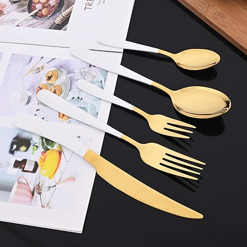 Miniatura 2 de JASHII Juego de cubiertos martillados modernos de acero inoxidable con mango dorado y blanco, decoración de lujo, servicio para 4, pulido espejo,