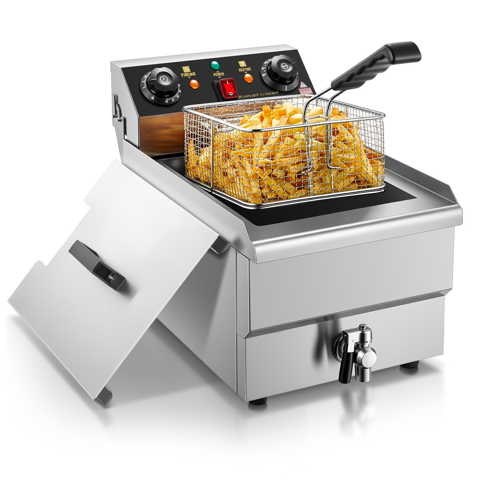 FOHERE Freidora Aceite de 11L con Drenaje, 3000W Freidora con Cesta y Tapa, Temporizador de 60 Minutos, Control de Temperatura de 60 a 200°C, para Restaurantes y Cocinas