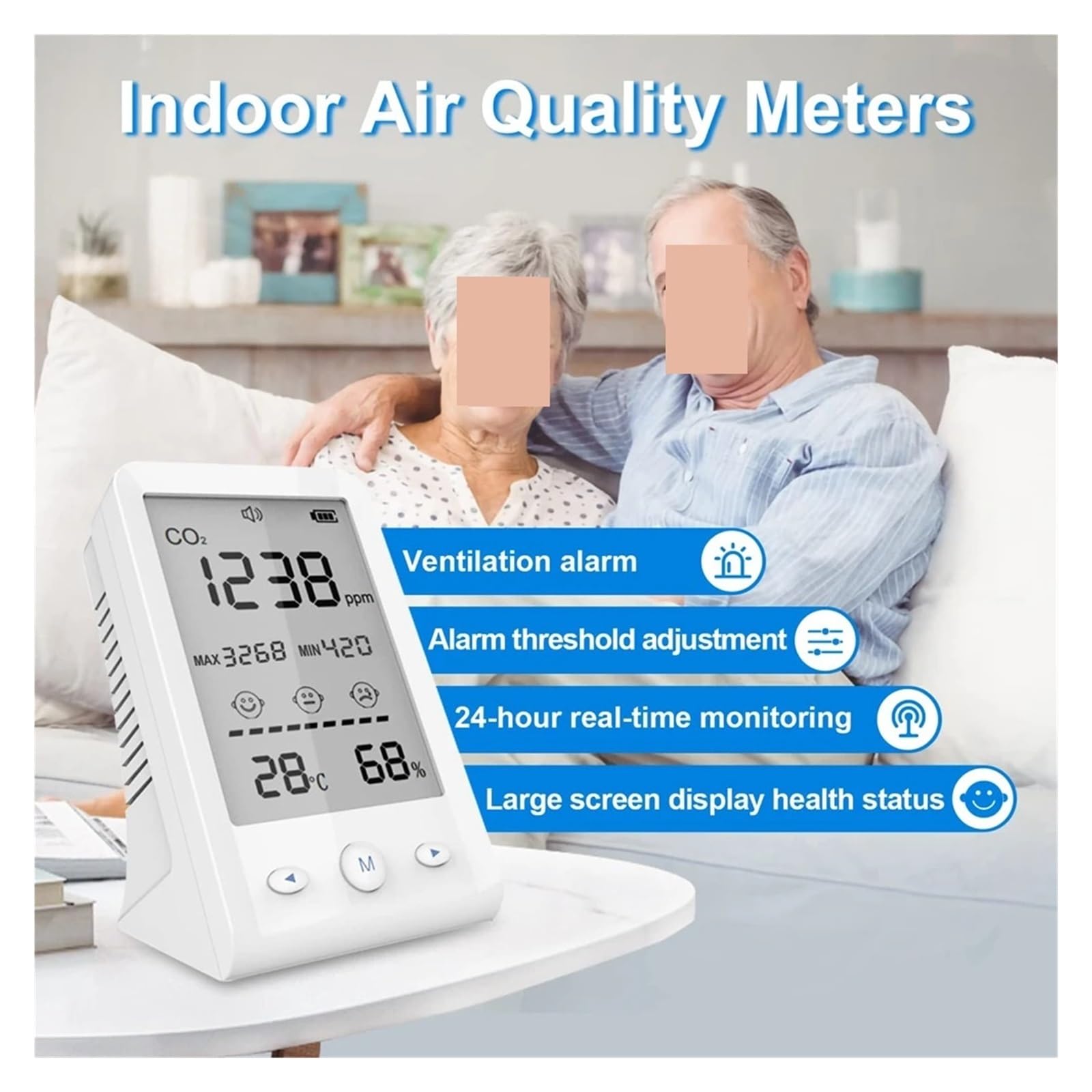 monitor di co2, Misuratore di CO2, allarme, rilevatore temperatura e umidità, monitor a qualità 'aria 3 in 1, analizzatore gas con display LCD USB per casa, ufficio, auto