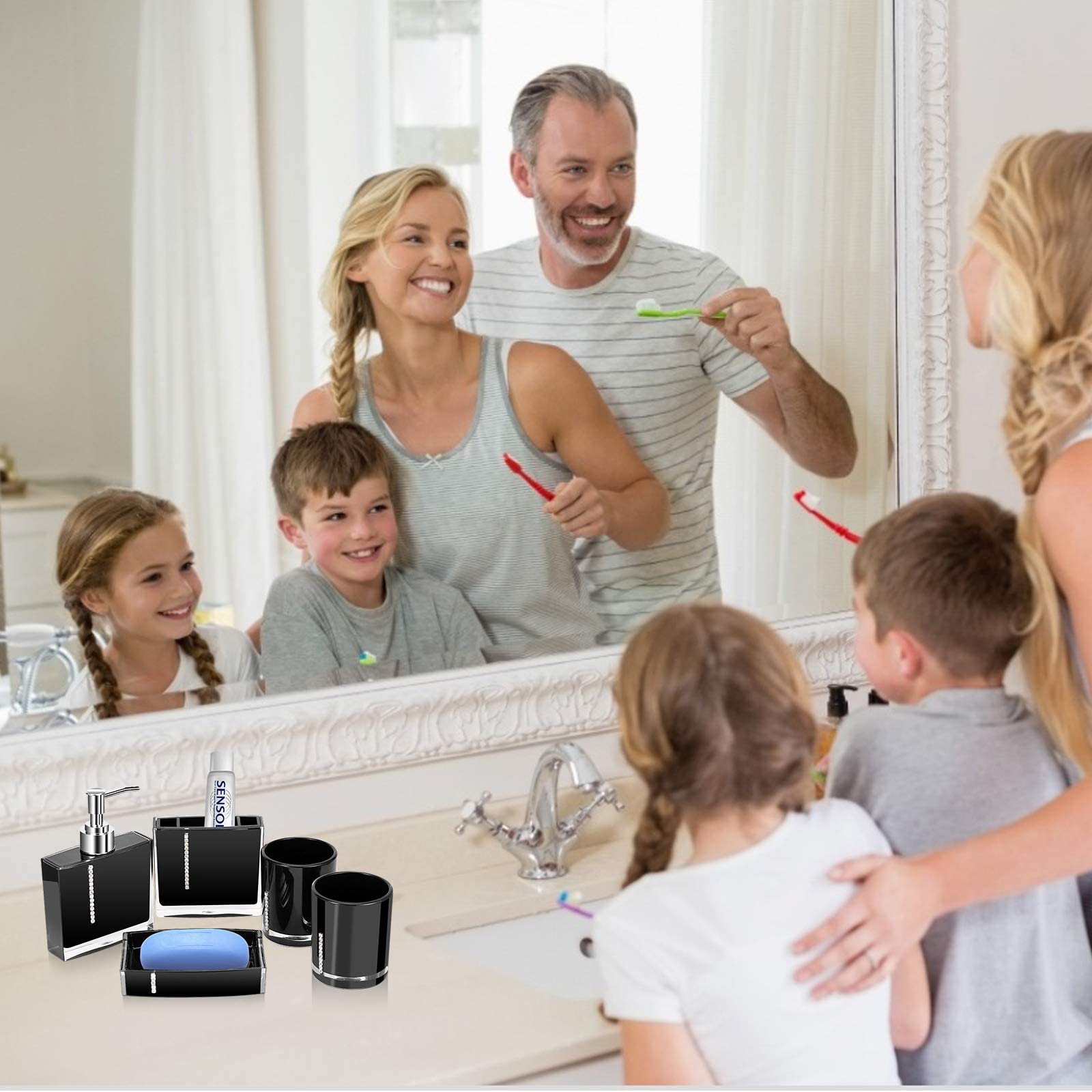 Ejoyous 5PC / Set Badezimmer-Set, Bad Accessoires Acryl Badzubehör Seifenspender Seifenschale Zahnputzbecher Badezimmer-Zubehörset Gurgeln Tasse