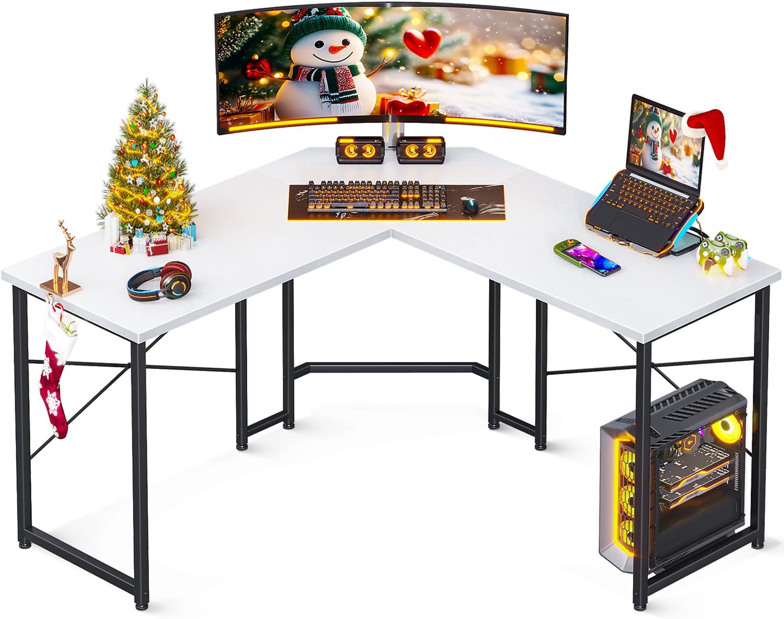 Casaottima 47 inch L Shaped Gaming Desk, Corner Desk Gaming Table for Home Office, Computer Desk Sturdy Writing Workstation for Small Space, Easy to Assemble, White