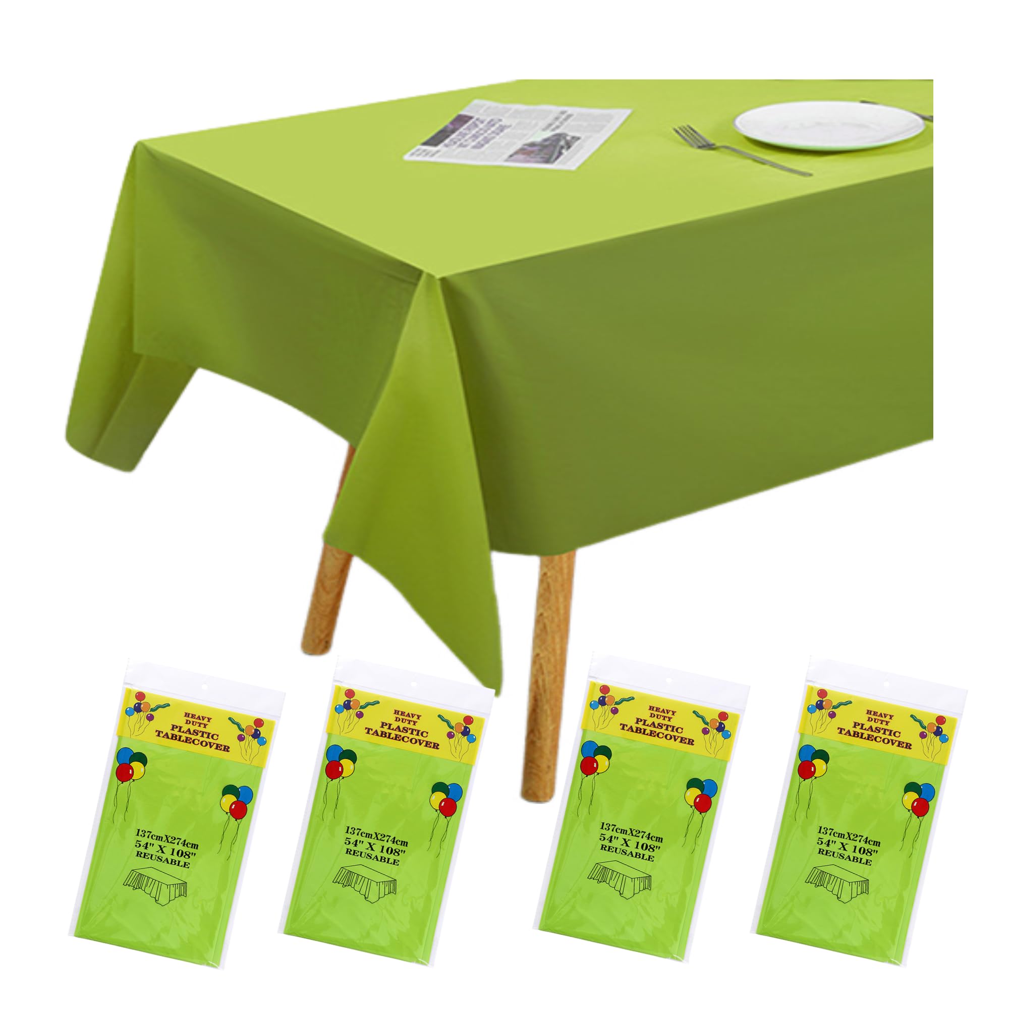 Tong Li Green Disposable Party Tablecloth - Plastic Table Cover For Events (Birthday/Party/Wedding), Easy To Clean, Waterproof, 137X274cm (54X108in) 4Pcs (Green)