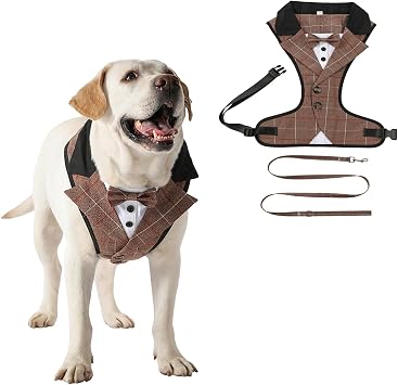 HDKUW Dog Tuxedo Harness, Adjustable Pet Harness No Pull for Small Medium Dogs, Doggie Wedding Suit with Bow Tie Party Costume Brown Grid M