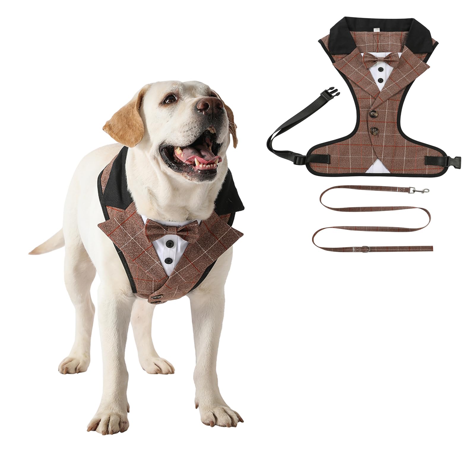 Dog Tuxedo Harness with Leash Set,Pet Formal Occasion Tailcoat Bow Harness Pet Wedding Vest Costume for Cat Puppy Small Medium Large Dogs_XL(Brown Grid)