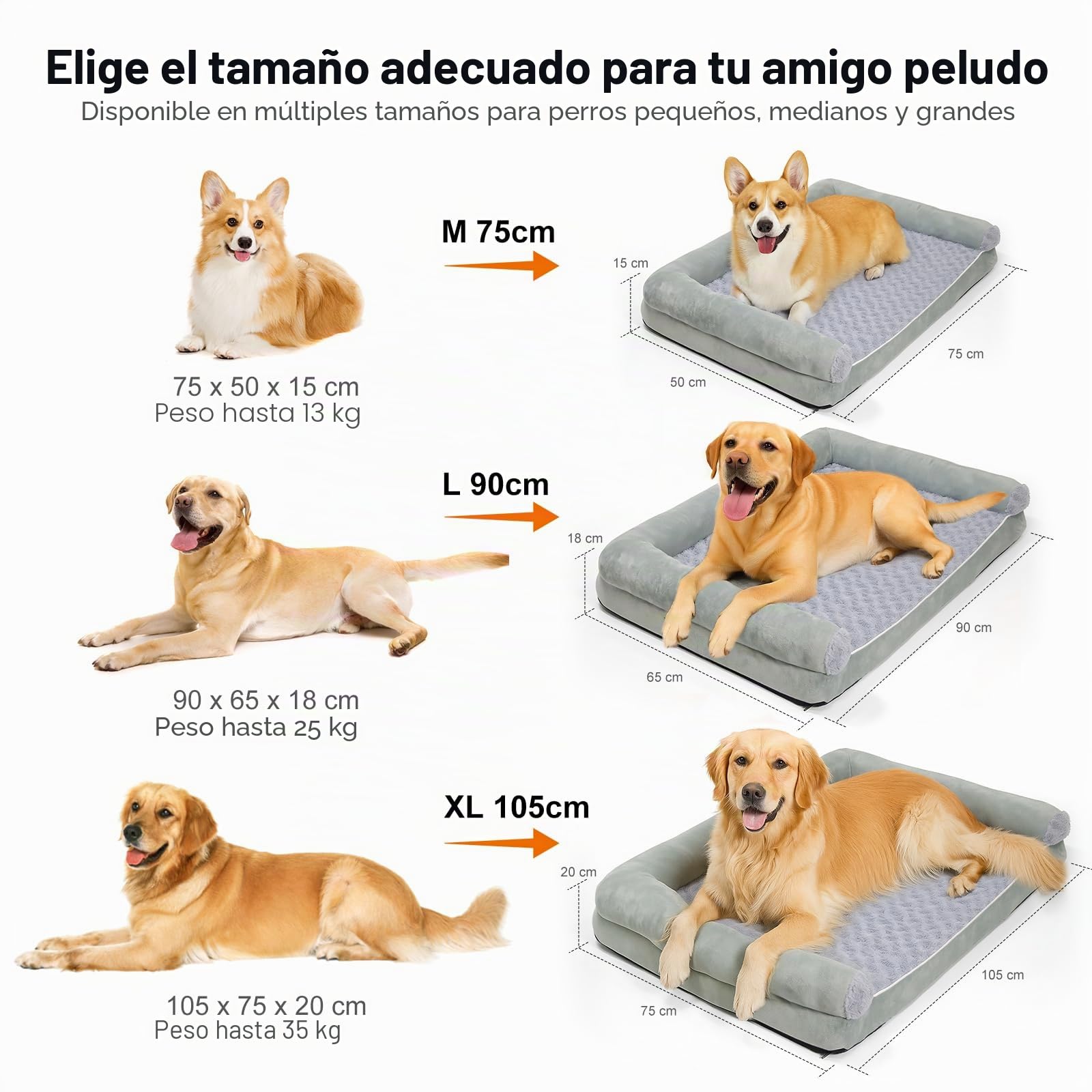 Cama Perros Ortopédica 105 x 75 x 20 cm | Cesta grande para perros, cojín ortopédico lavable, diseño de sofá, antideslizante e impermeable, gris claro