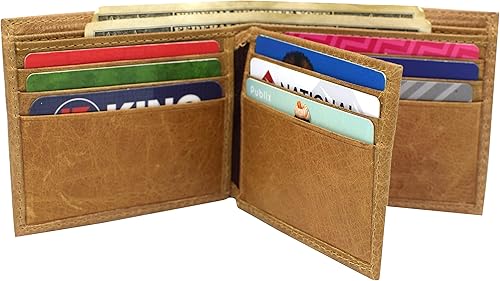 Miniatura 4 de MARSHAL Cartera de identificación con solapa central de piel auténtica con bloqueo RFID para hombre, Beige Bronceado, Bifold