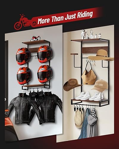 Miniatura 6 de Vieshful Soporte de pared para casco de motocicleta, organizador de casco con tablas de madera de 2 capas y 4 soportes para sombreros, colgador de
