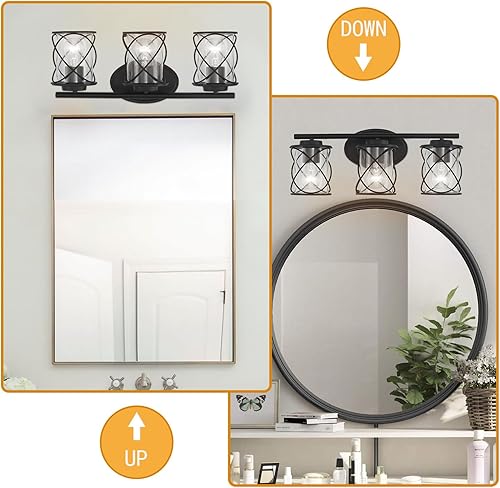 Miniatura 2 de 3 luces de tocador de baño, lámparas de baño sobre el espejo, luz negra mate, luces de pared de granja con pantalla de vidrio transparente, lámpara