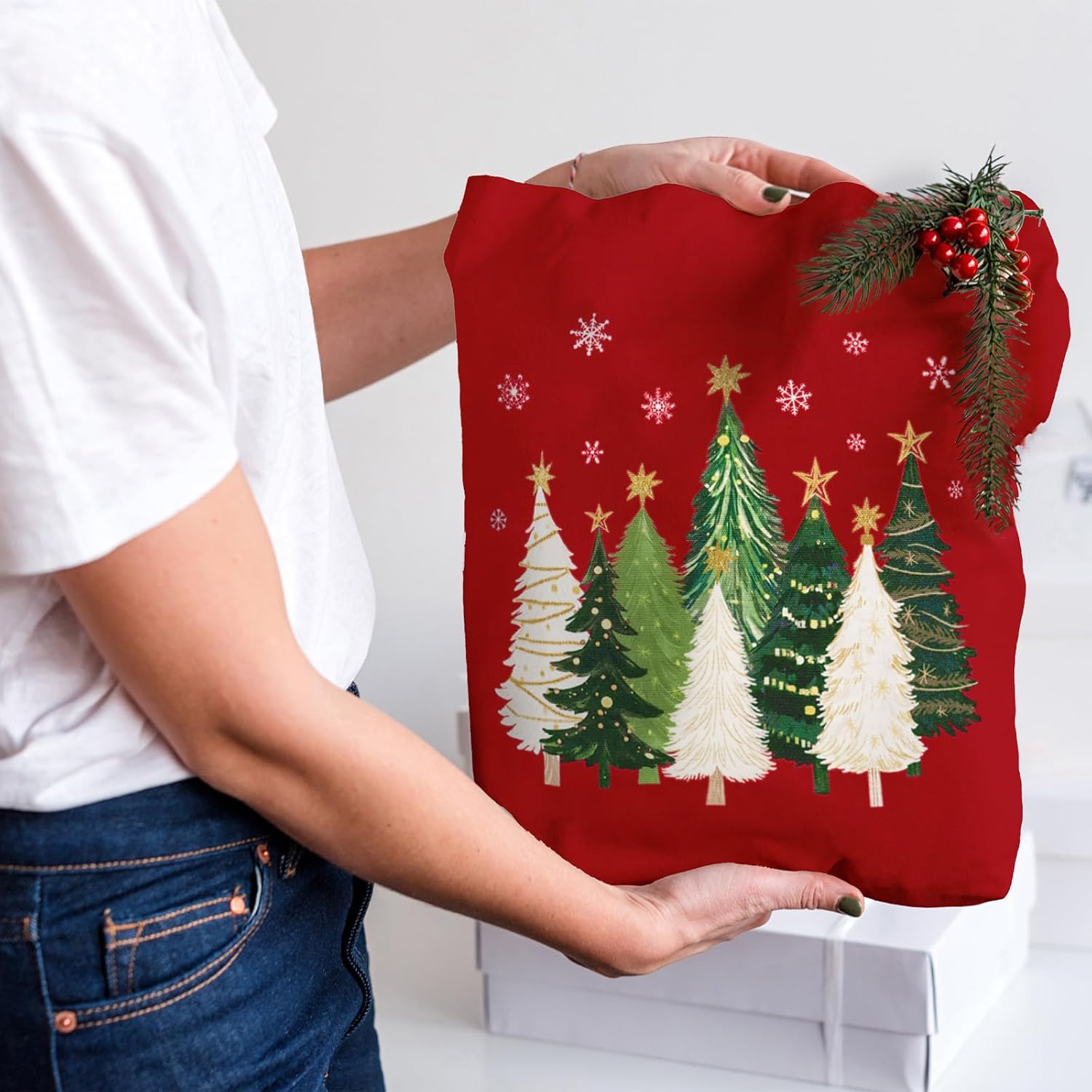 Whaline Christmas Canvas Tote Bag Xmas Tree Snowflake Grocery Shopping Bag Red Reusable Gift Goodie Bags for Winter Holiday Party Supplies, 13.4 x 15.7 Inch - Image 6
