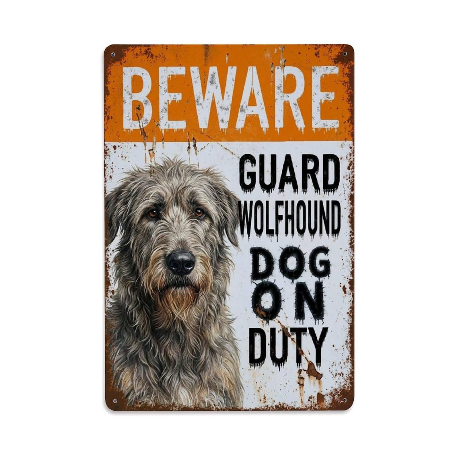 Vintage Funny Wolfhound Guard Beware of Dog Steps Metal Tin Sign Plaque Wall Decor for Cafe, Club Bar, Office, Garden Metal Poster 8x12Inch