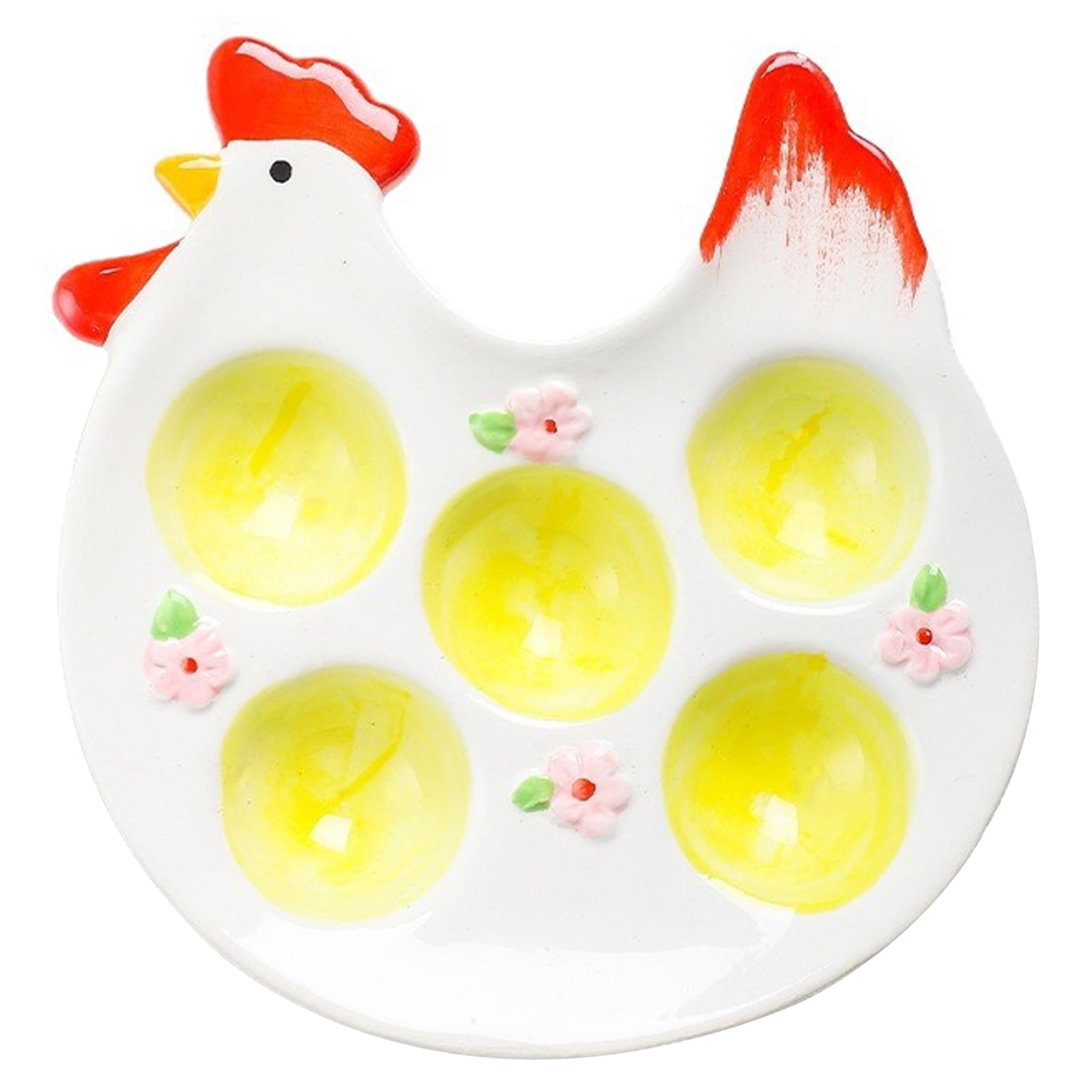Plateau d'œufs en céramique en forme poulet avec accents floraux pour décoration de table