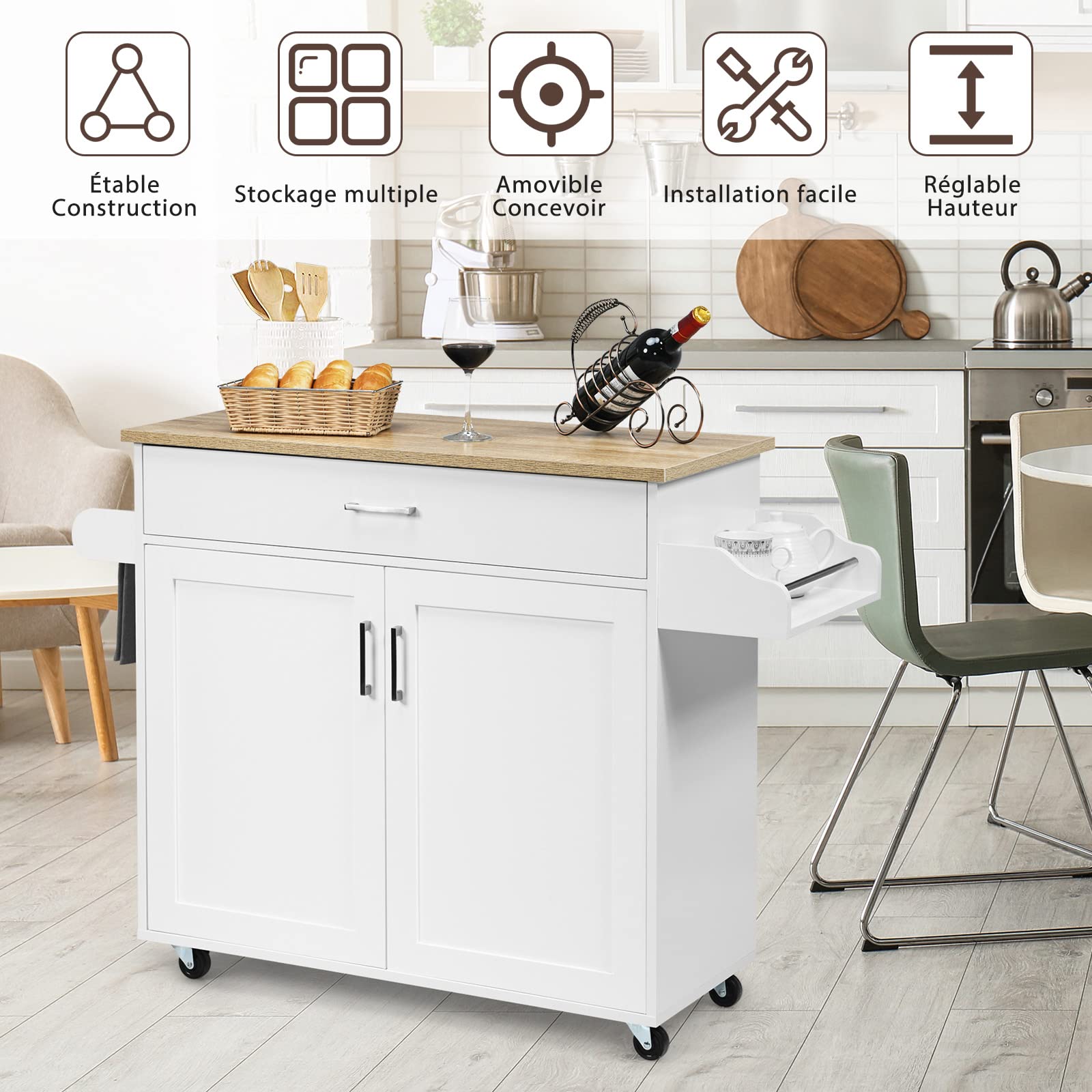 GIANTEX Desserte à roulettes avec Plan de Travail 90 x 40 cm, Desserte de Cuisine avec Grand Tiroir et Armoire à 2 Portes, Porte-Épices et Porte-Serviettes,116 x 40 x 85 cm (Blanc)