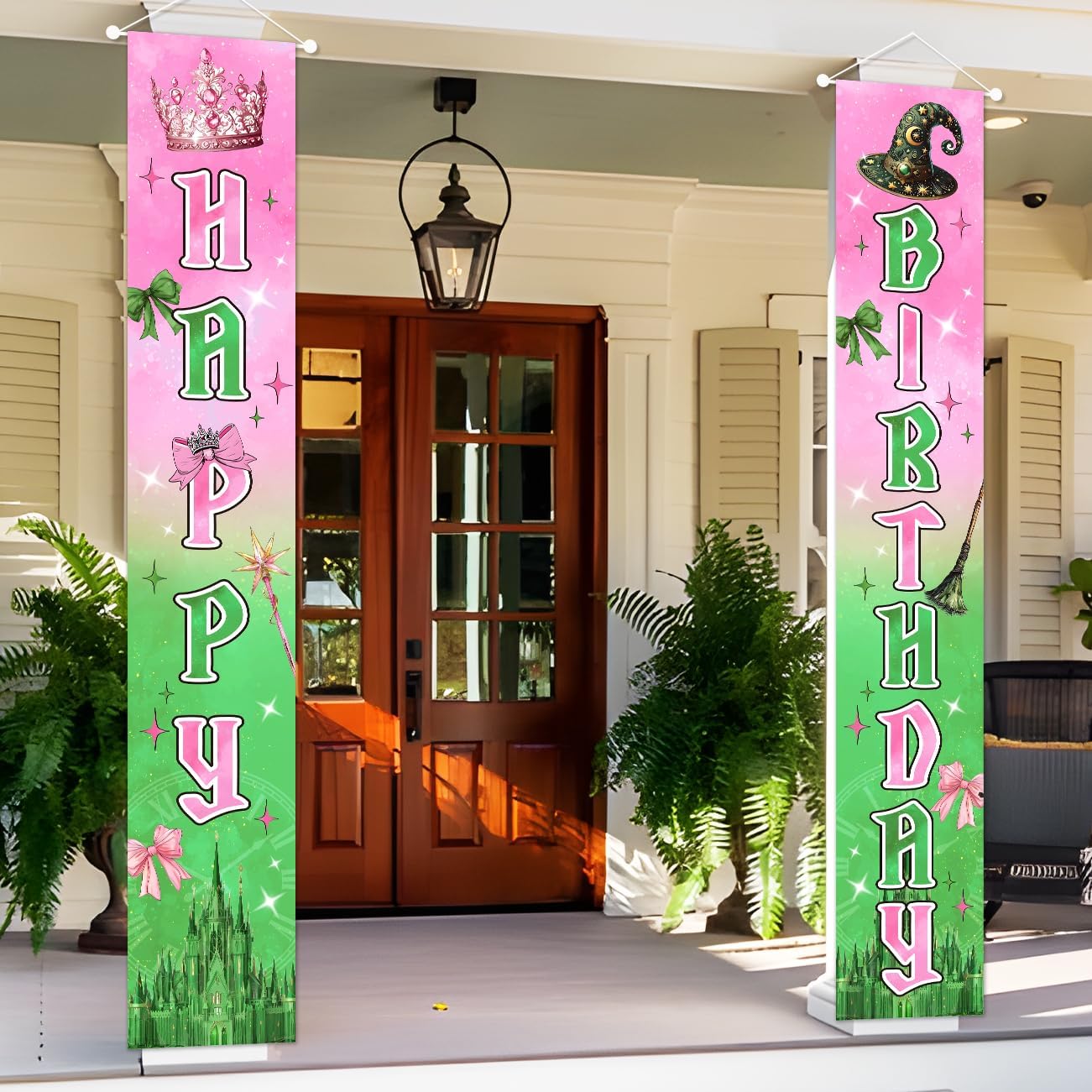 Pink and Green Birthday Party Decorations Witch and Princess Happy Birthday Banner Porch Sign Party Supplies Background for Party Favor Door Decorations