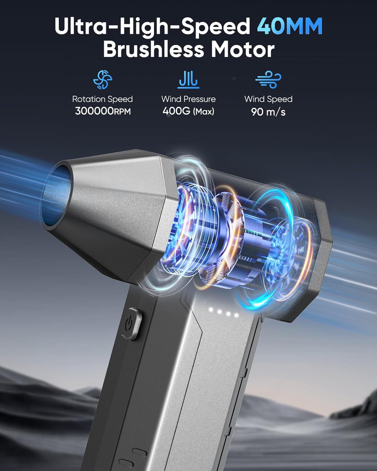 Yeeke Compressed Air Duster, 300000 RPM & 400 G Wind Pressure, 10000 mAh Battery with Fast Charging, 4-Gear Electric Air Duster Rechargeable, Electric Duster Mini Blower with LED for Office Cleaning - Image 2