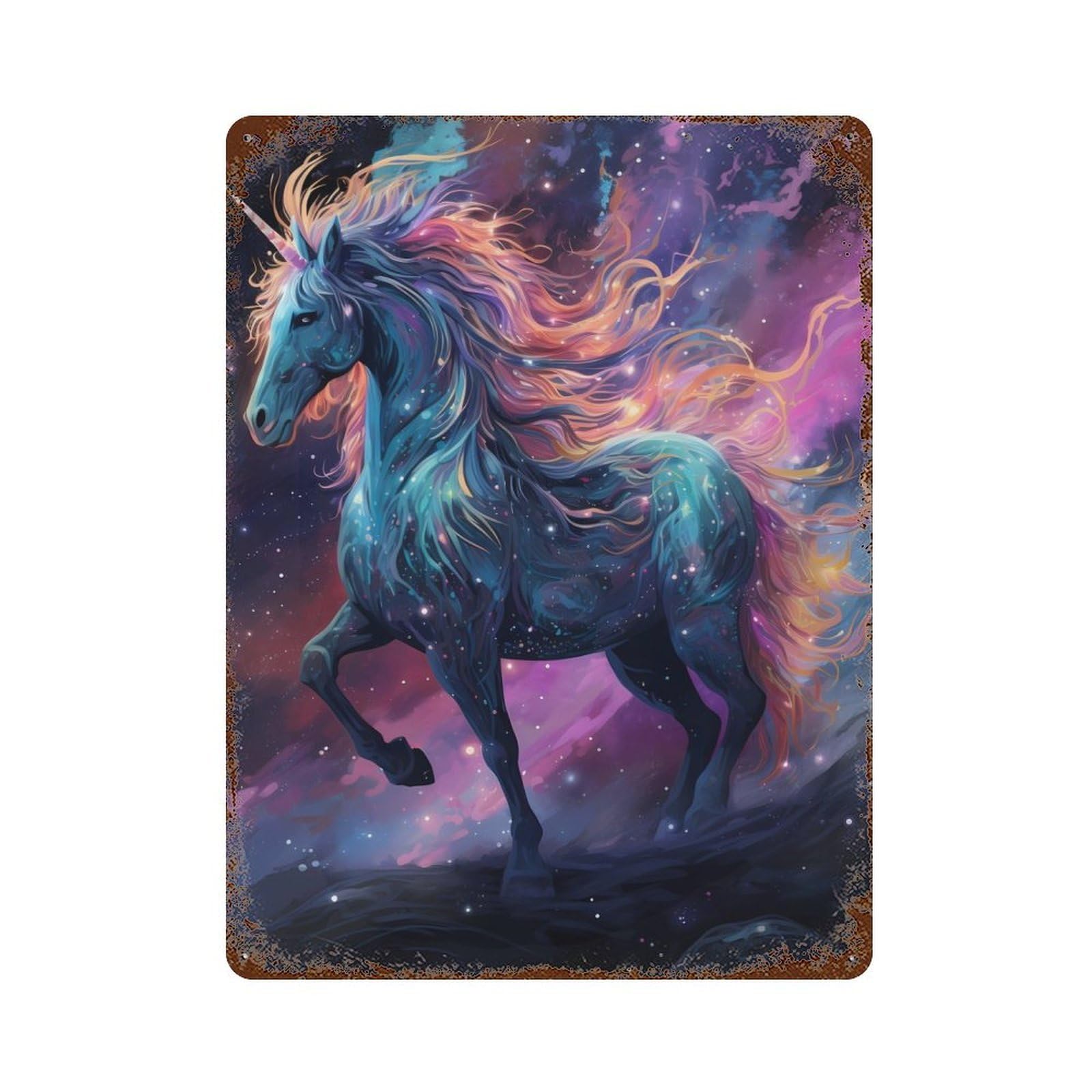 Unicorn at Starry Sky Rusty Metal Tin Sign 15.7"x11.8", for Basement, Hobby Room And Garage Decor, Retro Wall Decor