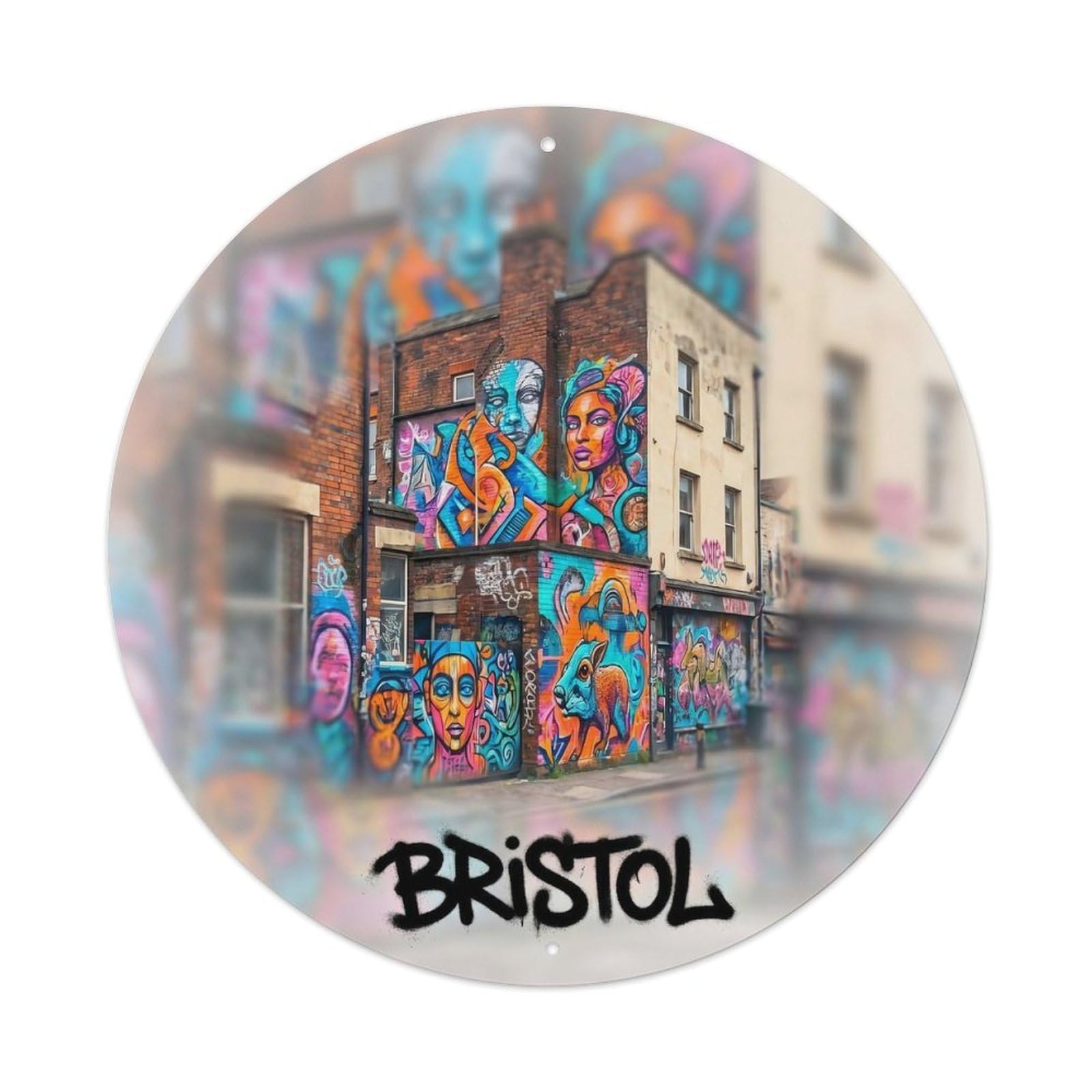 Bristol Urban Mural Street Culture Cityscape Vintage Travel Metal Tin Sign Plaque Wall Decor for Cafe, Man Cave, Club Bar, Office, Home Garden Round Metal Poster 8x8Inch