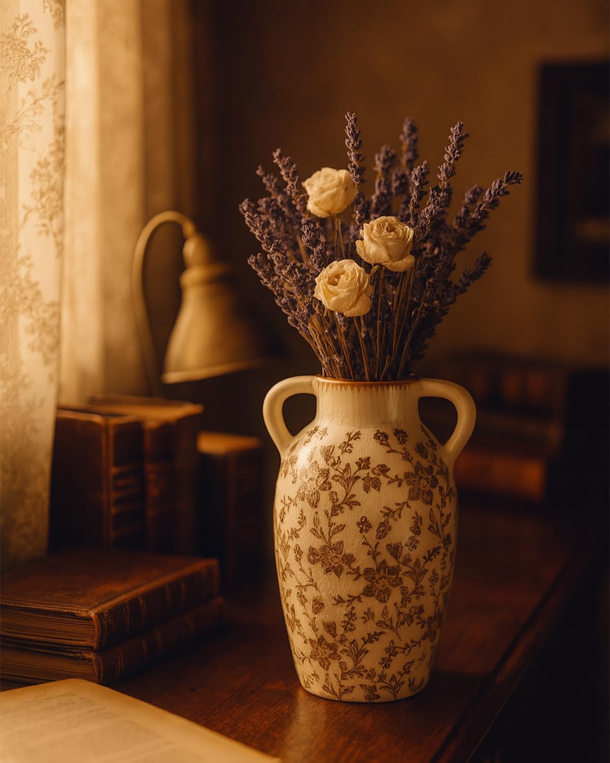 Vintage Ceramic Vase with Handles, 9.45 Inch Crackle Glaze Floral Pattern Vase, Rustic Farmhouse Decorative Flower Vase for Table Centerpieces, Boho & Chinoiserie Home Decor - Image 6