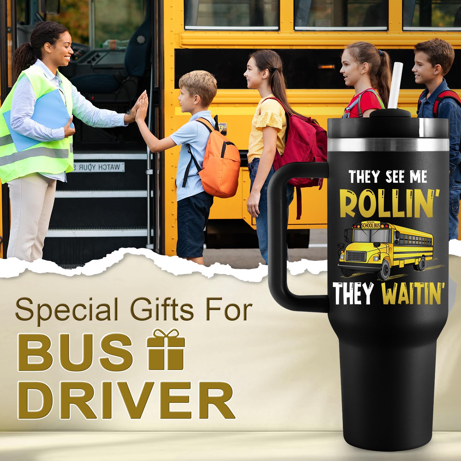 COCOGIFTS Bus Driver Appreciation Gifts, School Bus Driver Gifts for Women Men, 40oz Travel Cup Insulated Tumbler with Lid and Straw