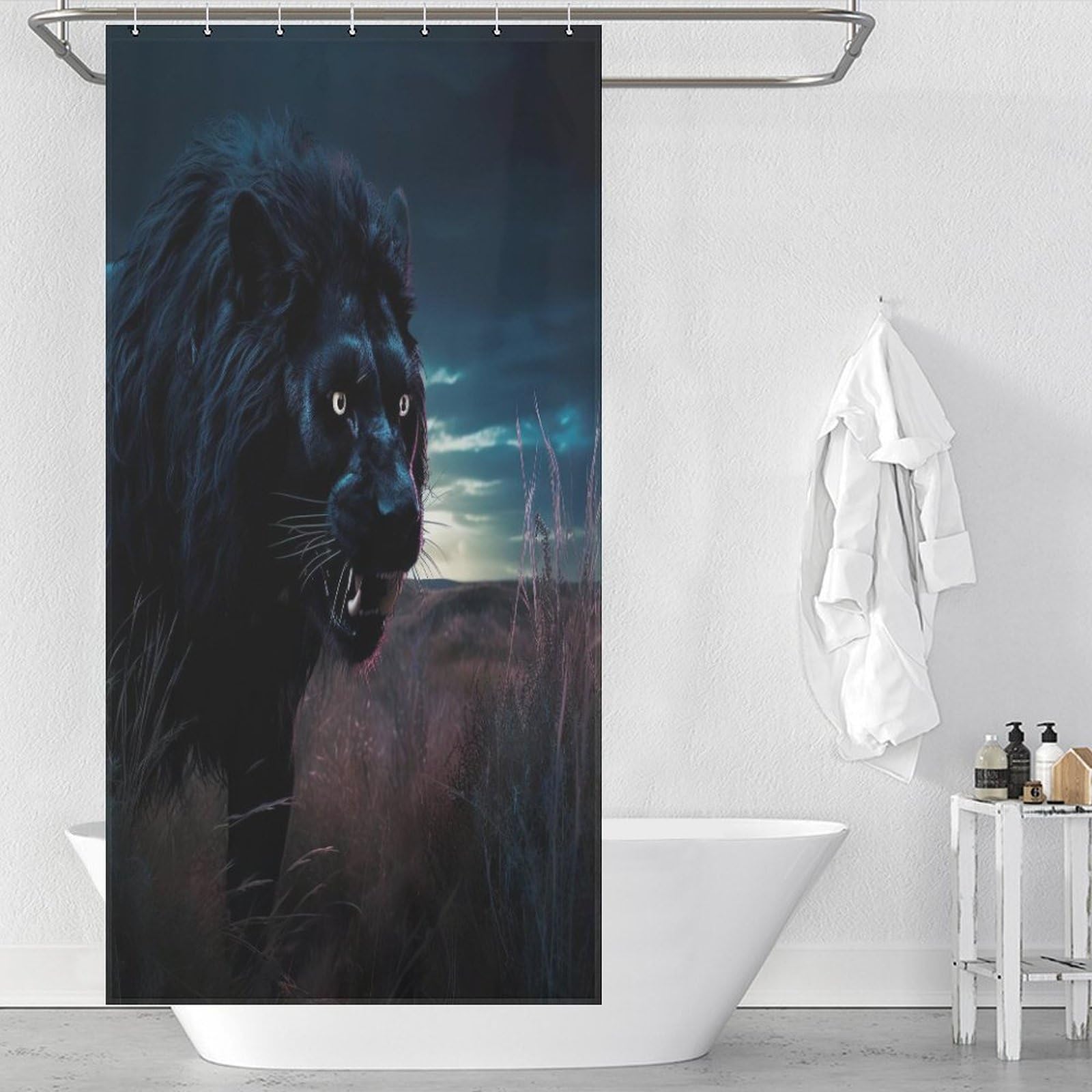 Rideau de douche lion 92x183 cm en tissu polyester imperméable avec crochets