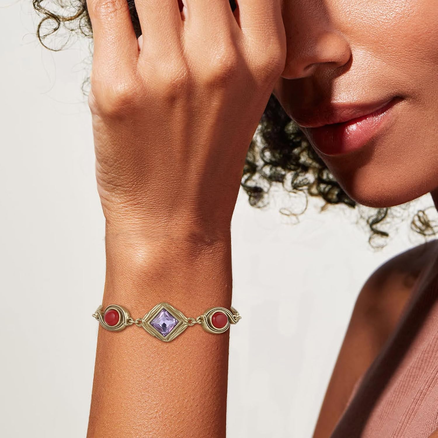 HZMAN Vintage Chunky Chain Bracelet for Women, Adjustable Crystal (Agate, Turquoise, Crystal) with Brass, Statement Gift Idea - Image 2