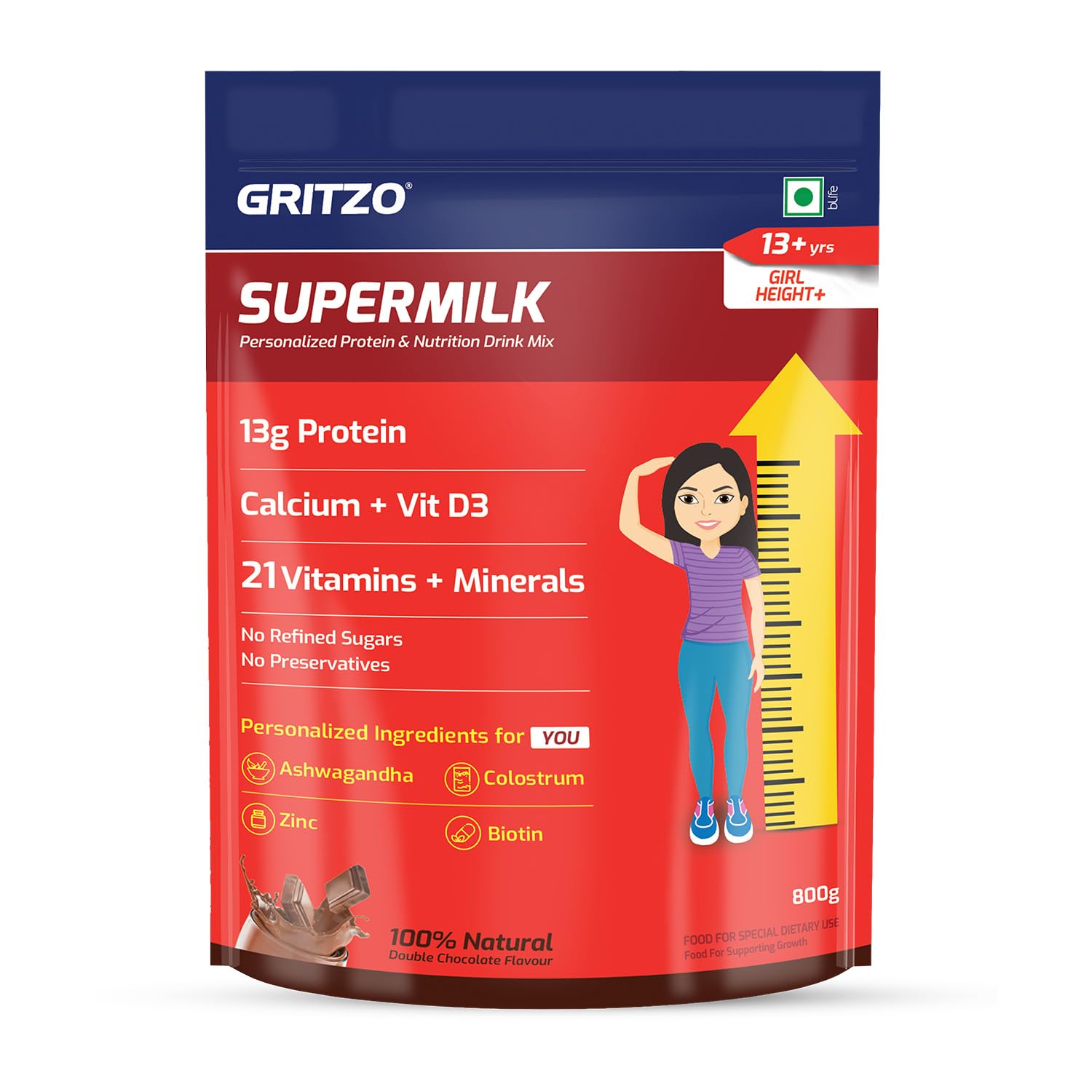 Gritzo SuperMilk Height+ (13+y Girls), 13g Protein (Double Chocolate, 800g) | Zero Refined Sugar, 21 Vitamins & Minerals