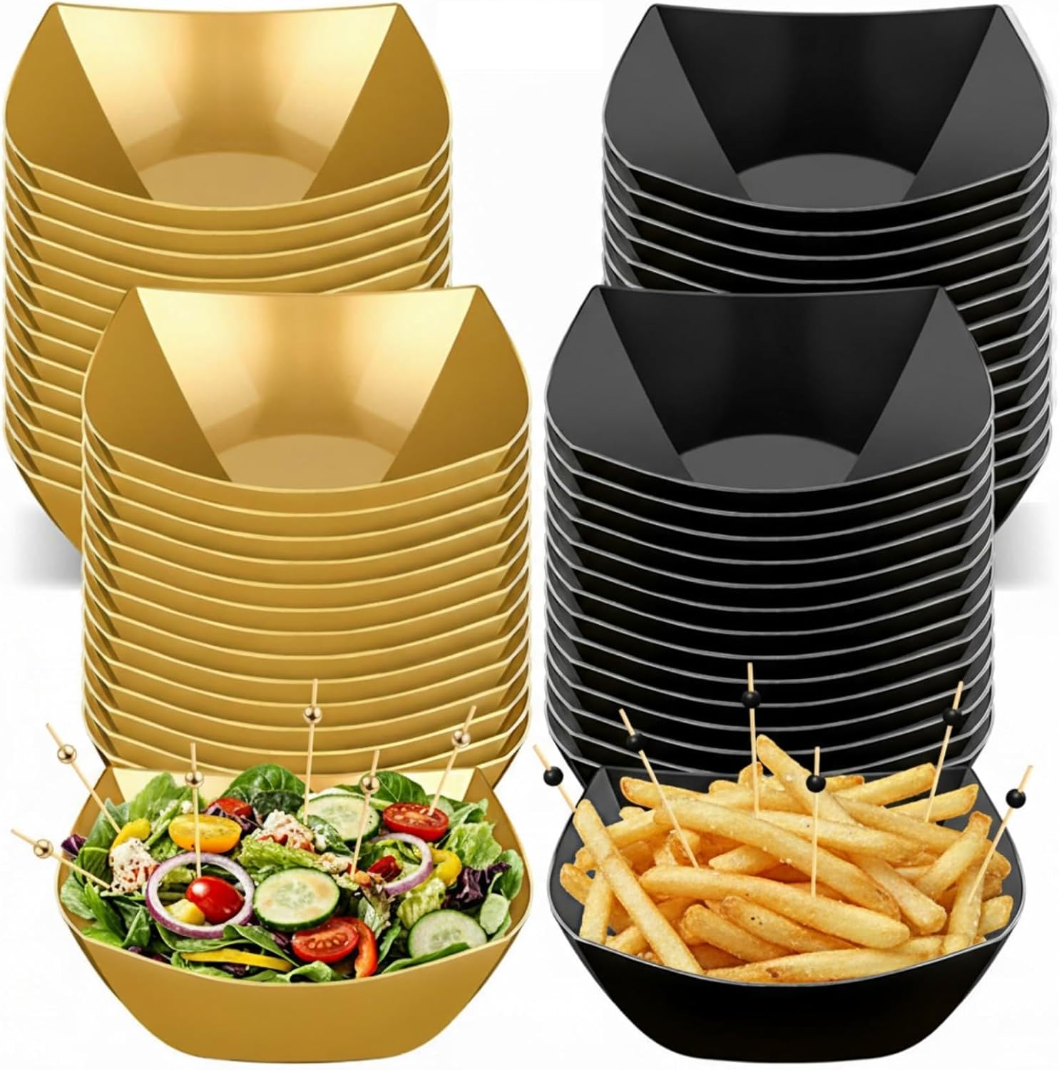 Newtay 100 Pcs Square Plastic Serving Bowl with Food Pick Disposable Snack Salad Buffet Bowl Candy Chip Fruit Dish Bar Containers Dessert Plate Party Supplies (16 oz,Black and Gold)