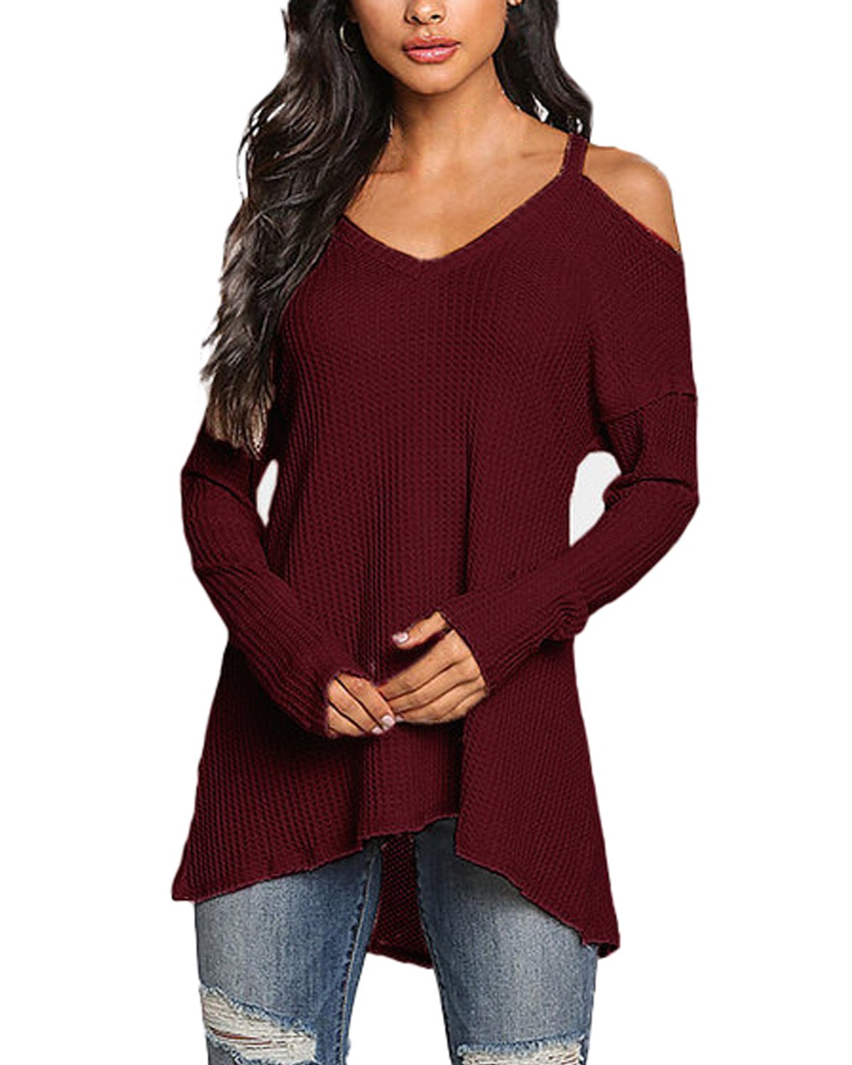 Women Top Cold Shoulder Shirts Long Sleeve Tops V Neck Loose Blouses Plain Oversized Casual Tunic