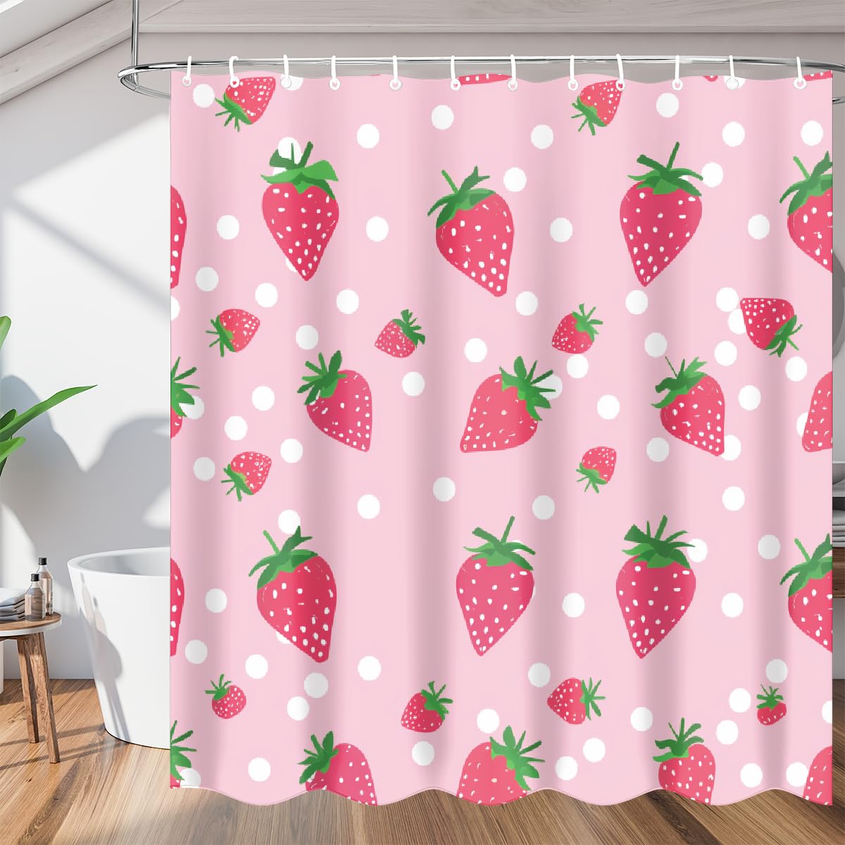 Rideau de douche imperméable polyester lavable salle de bain rose motif fraise 183x183