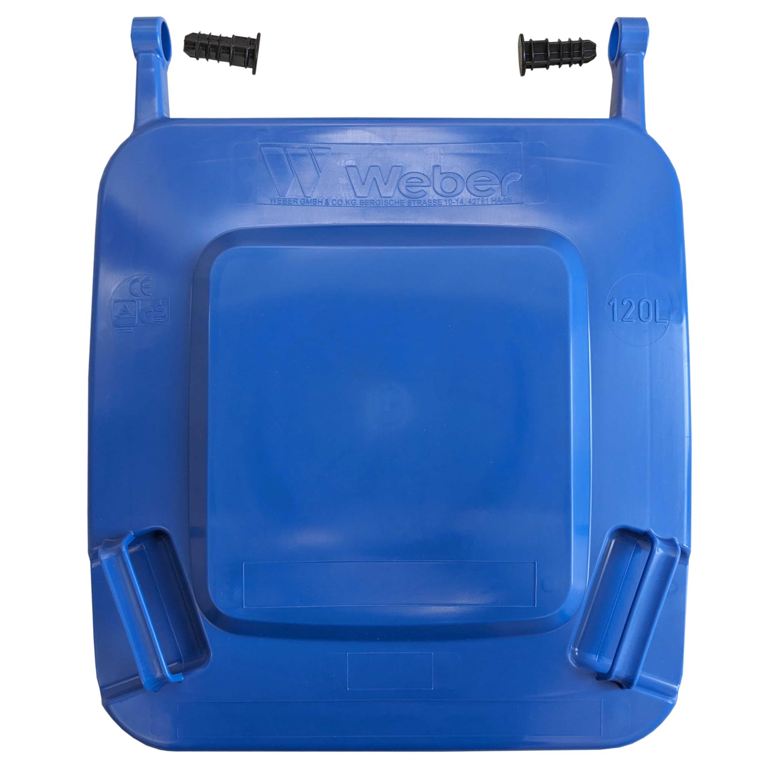 plasteo Coperchio per bidone della spazzatura colorato, in plastica, adatto per 120 litri di tonnellate Weber, con 2 bulloni a cerniera, conforme alla norma DIN EN 840 (Bblu)