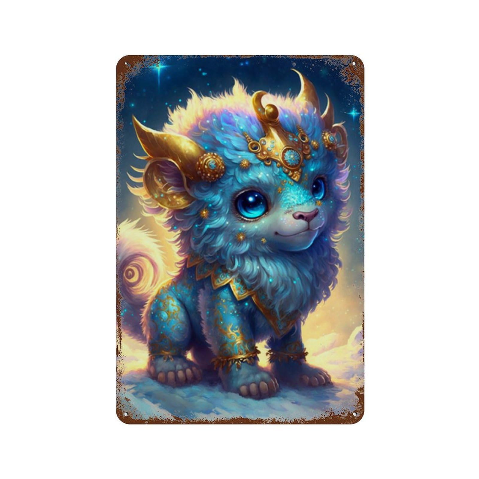 Fantasy Magical Lion Cub Art Print Rusty Metal Tin Sign 11.8"x7.9", Vintage Wall Decor for Garage, Pub Or Kitchen