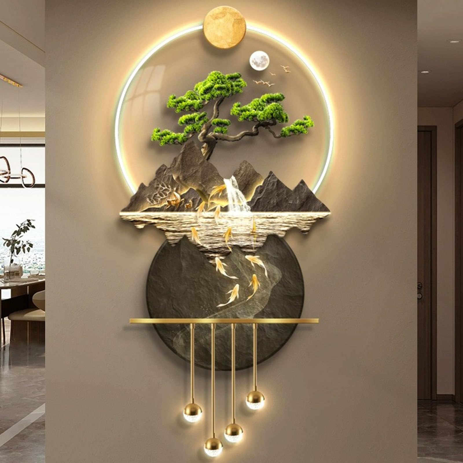 Granestner 3D Art Wall Decor Sculpture, Hanging Painting with Wireless Remote Control, Oriental Feng Shui Home Office Decoration