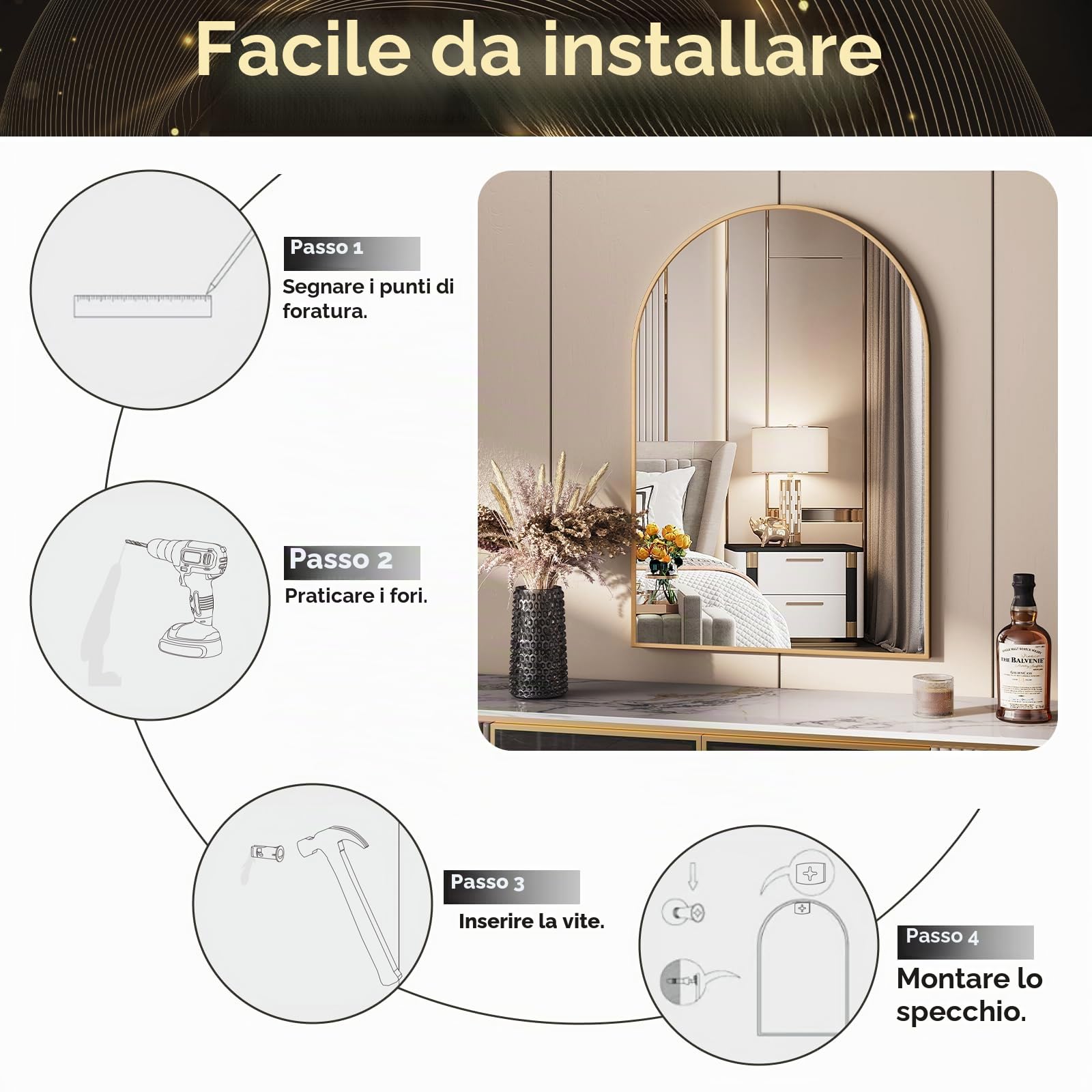 Clevich Specchio da parete ad arco con oro, 96x66 cm, Decorativo da parete ad arco semicircolare, Con cornice in alluminio spazzolato, per bagno, corridoio, soggiorno, camera da letto, Infrangibile