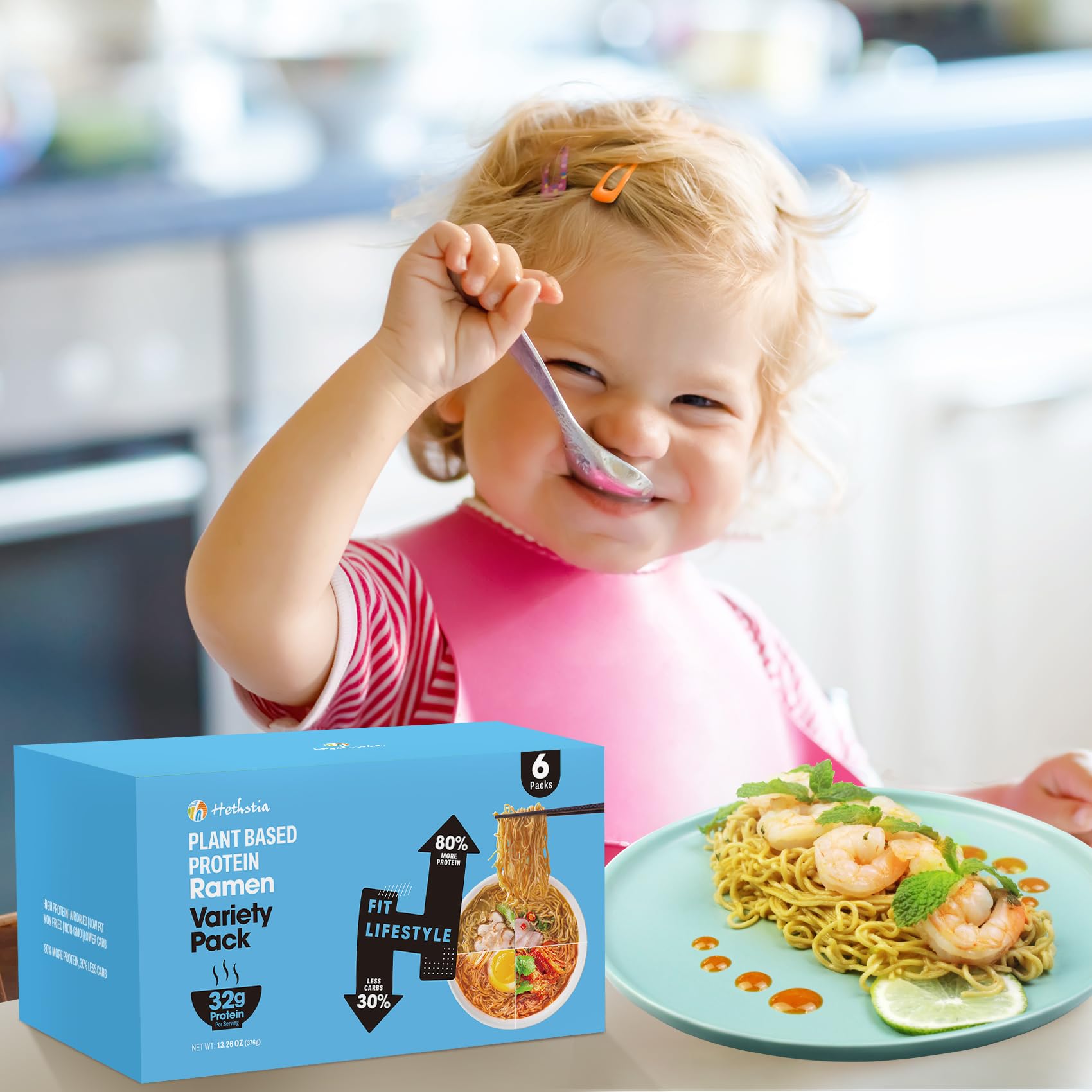 Hethstia High-Protein Ramen Variety Pack (Chicken, Beef, Spicy Kimchi, Spicy Curry), 6-Pack Instant Ramen Noodle Soup, 32g Plant-Based Protein, Vegan, Non-GMO, Low Fat, Pre-Packaged Quick Meal